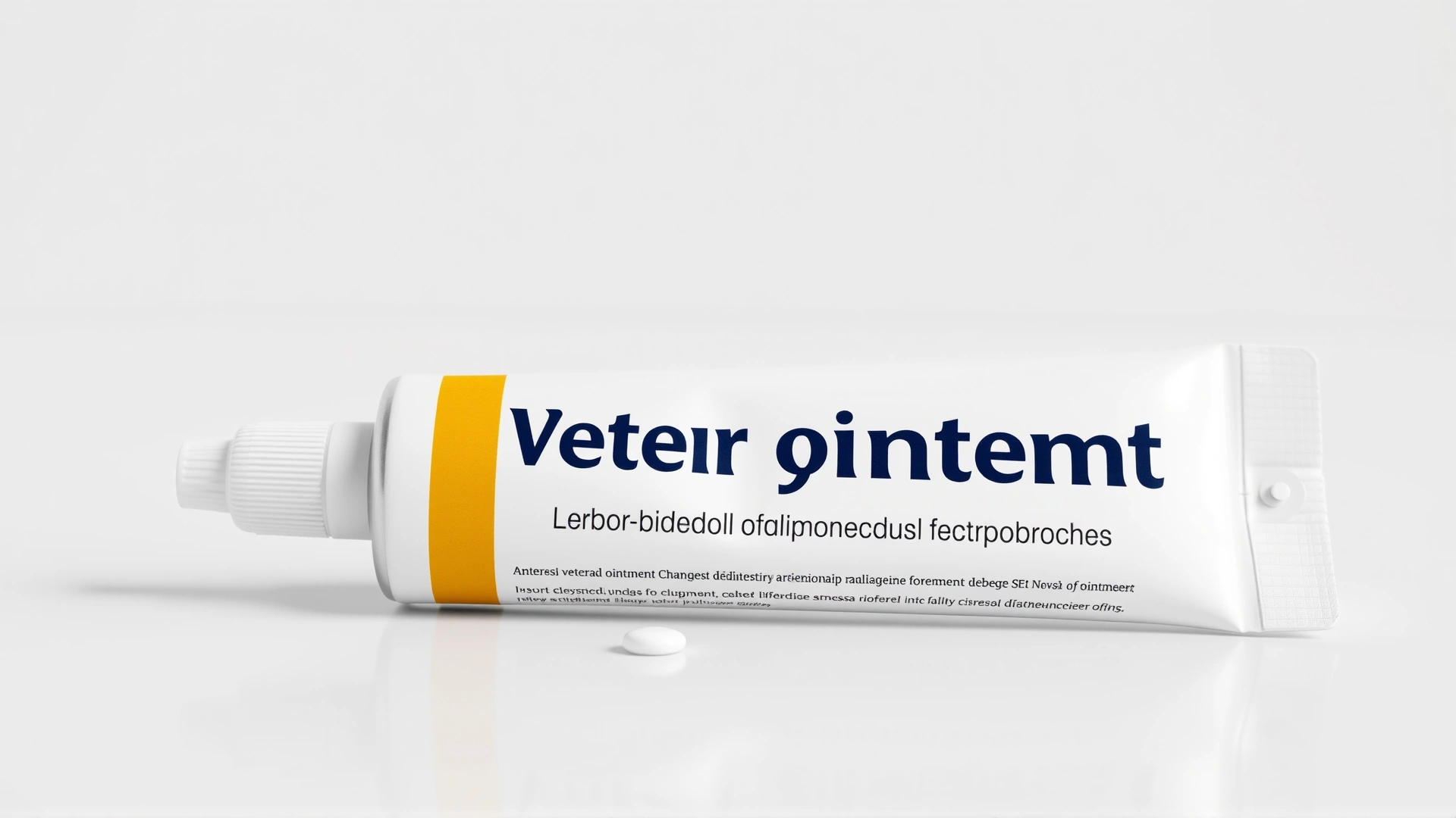 Tube of veterinary ointment on a clean white surface with minimalistic background, focus on tube nozzle with small dab of ointment.