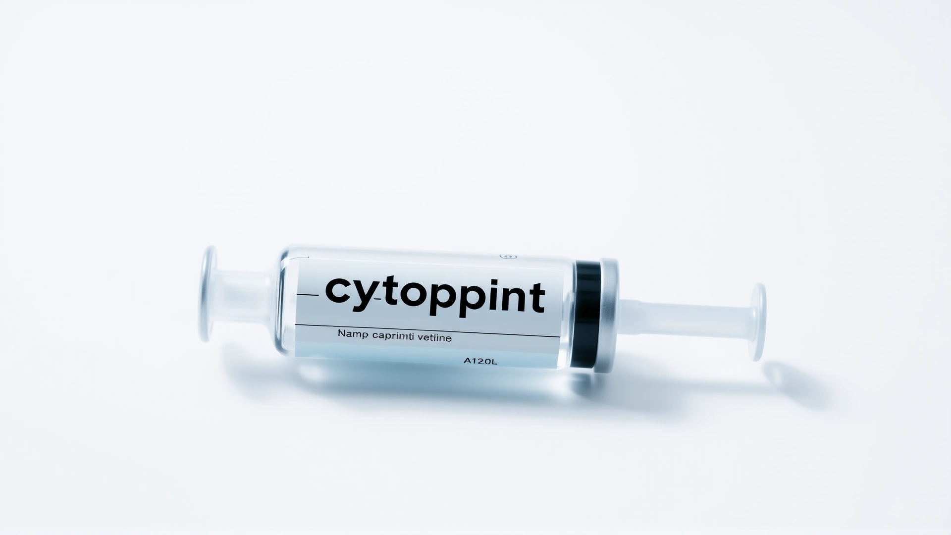 Studio shot of a Cytopoint vial and syringe on a clean white background with subtle shadows, emphasizing sterile medical presentation