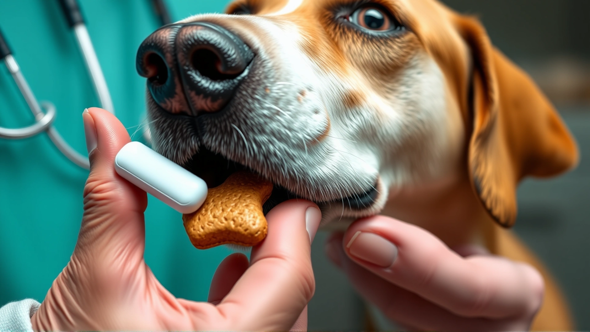 Close-up of a veterinarian's hand giving a small tablet to a dog using a pill pocket treat