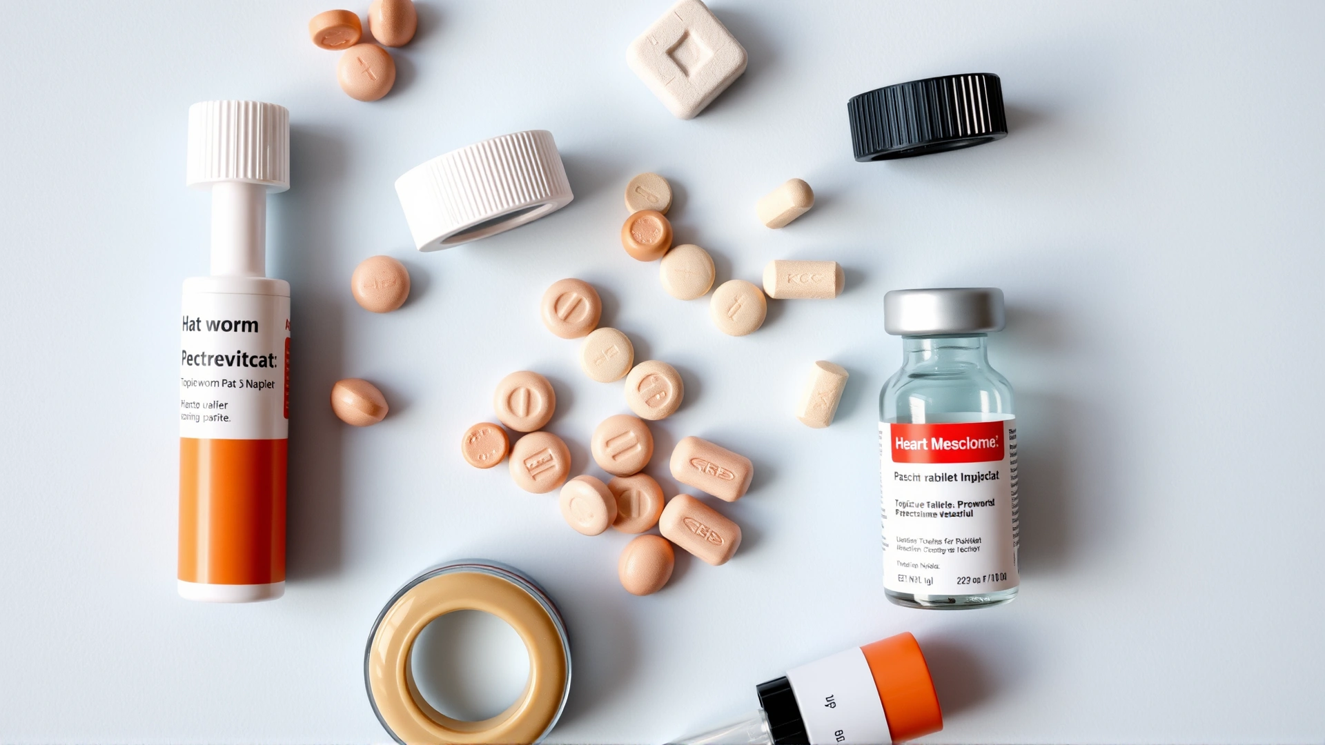 Flat lay of various cat heartworm preventive medications including topical pipettes, chewable tablets, and an injection vial on a pastel background