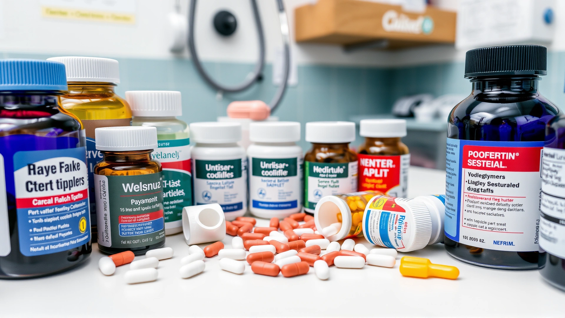 A neatly arranged flat lay of various dog-safe pill bottles and chewable tablets on a veterinary table, with no labels legible.