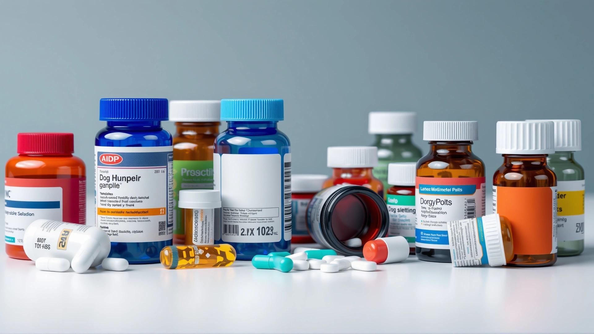 Assortment of various dog medications and pill bottles on a white surface, no branding or text, illustrating potential drug sources.