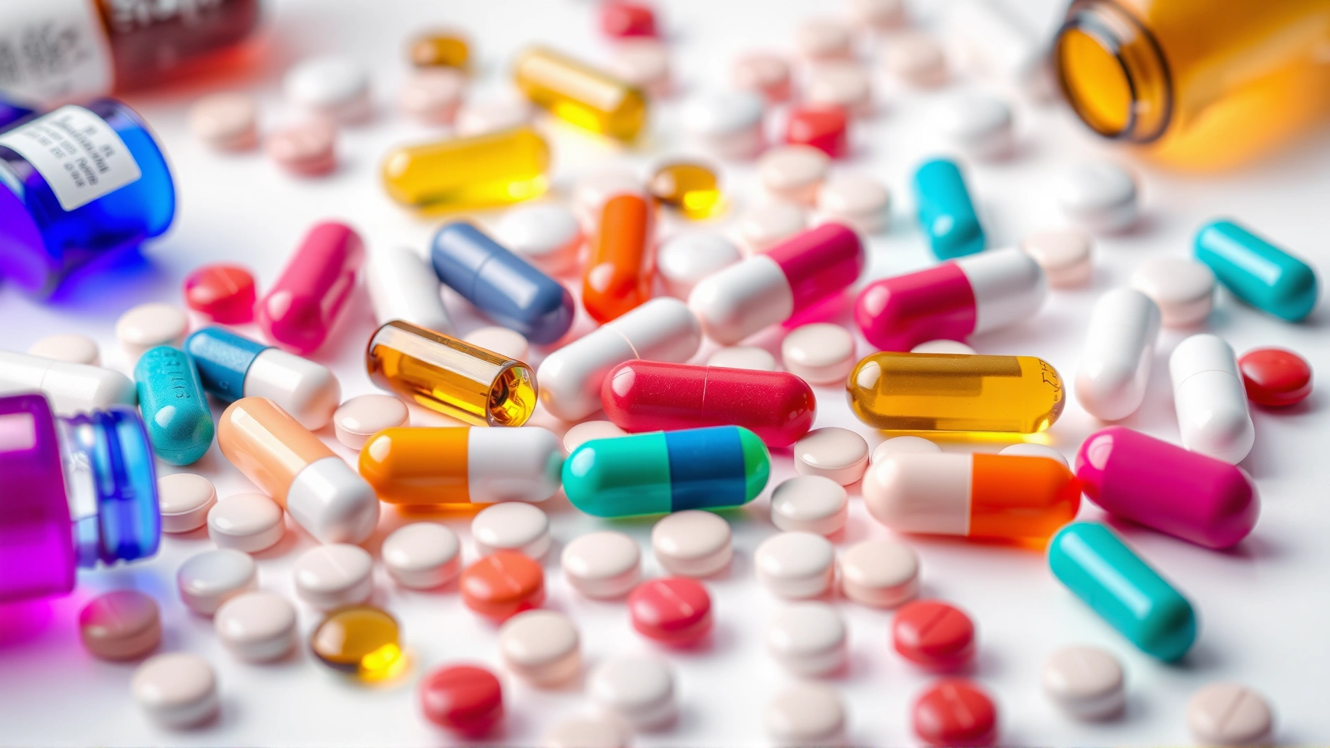Array of colorful veterinary pills and liquid medications on a white background, shallow depth of field.