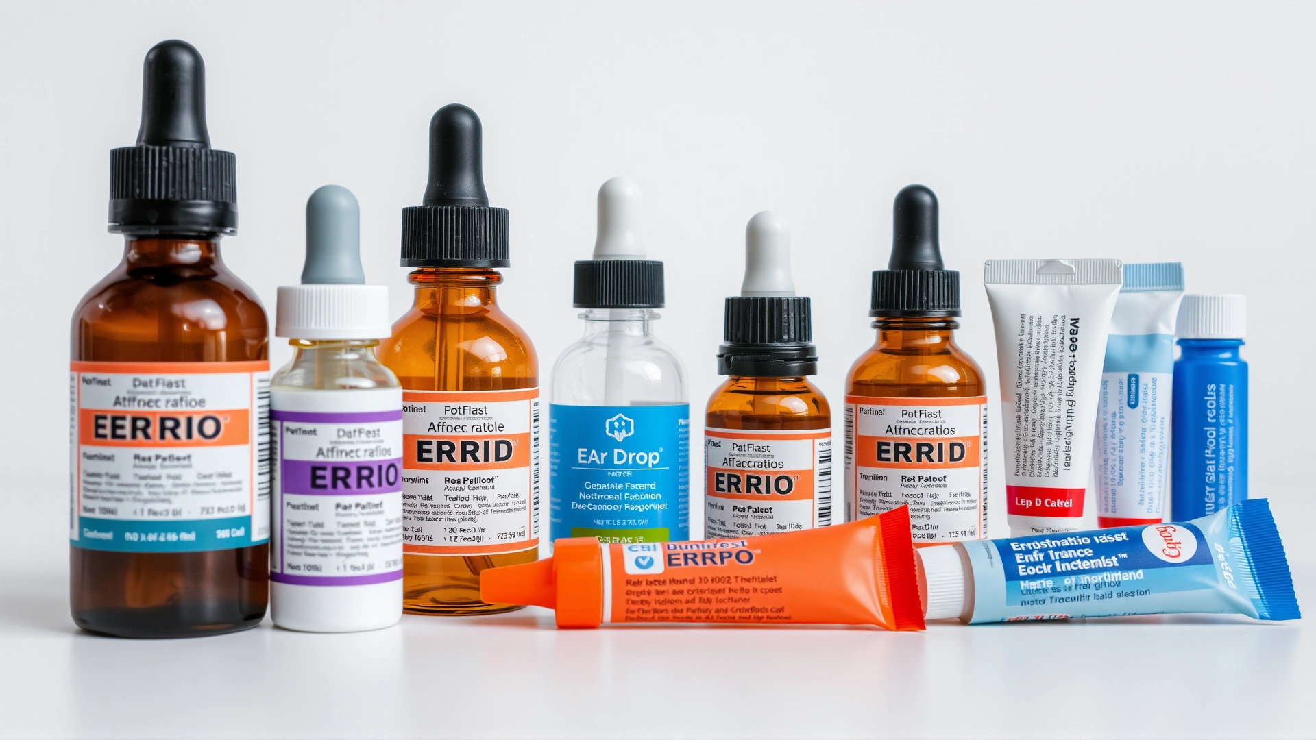 Selection of veterinary prescription ear drop bottles and ointment tubes arranged on a clean white surface