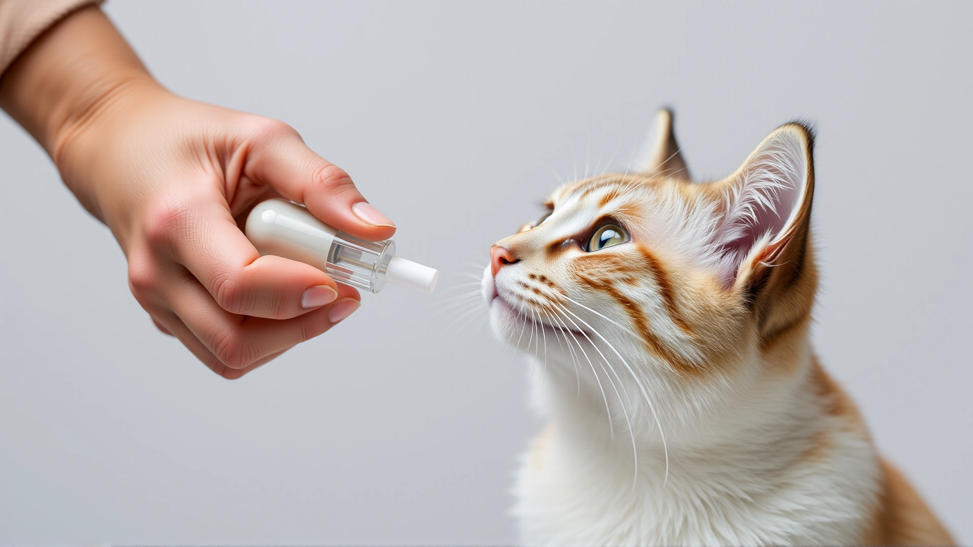 Owner’s hand giving a small pill to a cat using a pill dispenser against a neutral background