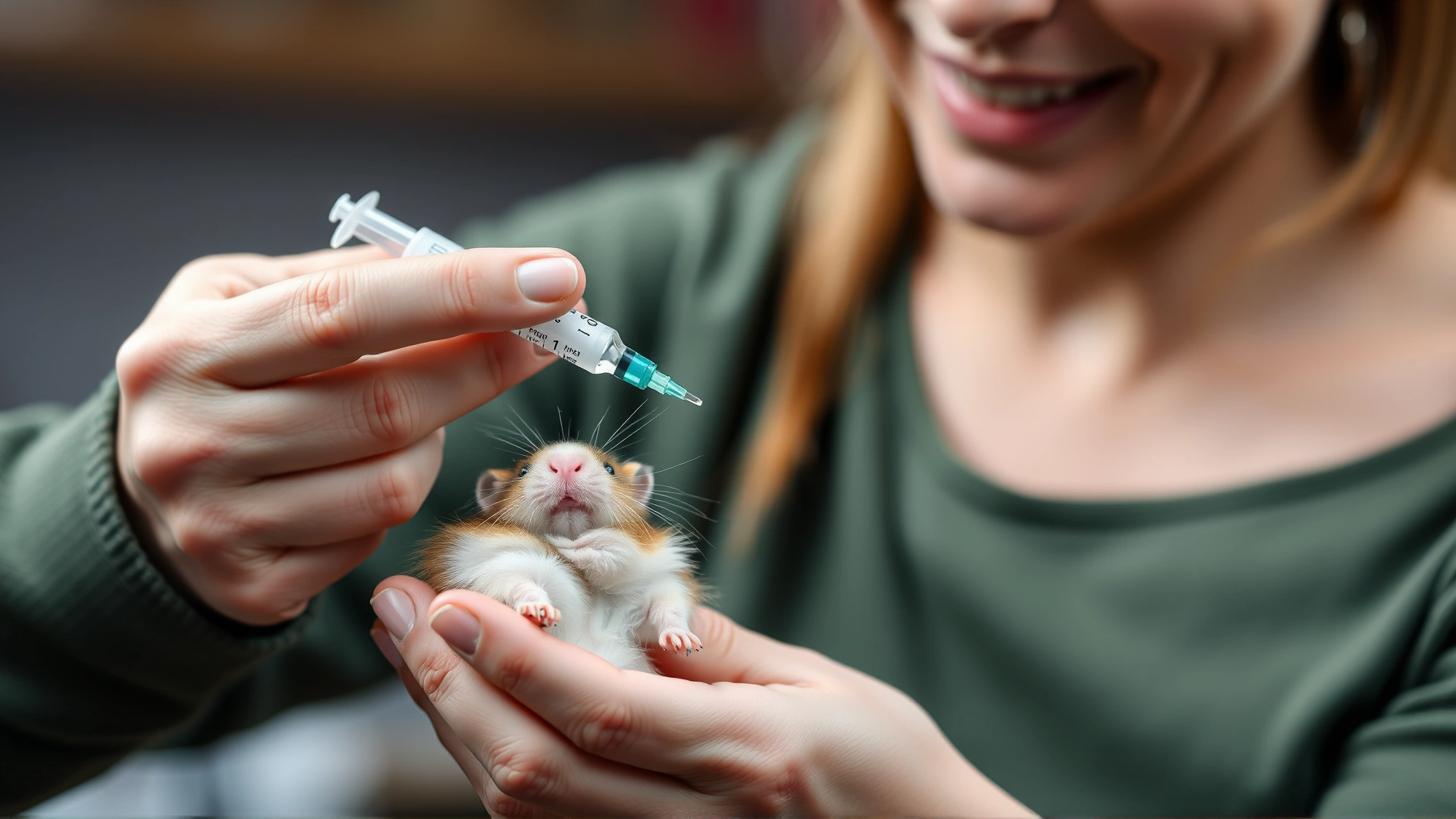 Owner administering liquid medication to a hamster using a small syringe, portraying at-home treatment.