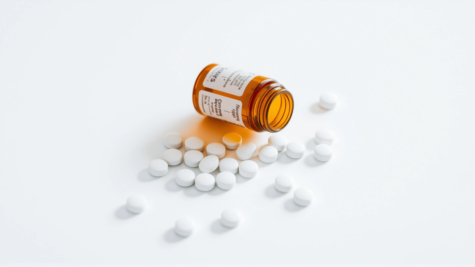 Small amber prescription bottle with white tablets scattered around it on a plain light surface, label blurred with no readable text.