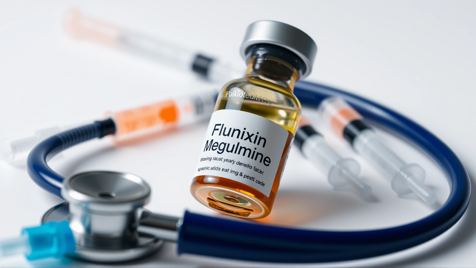 Close-up of a bottle labeled 'Flunixin Meglumine' with surrounding syringes and stethoscope on a white background, soft studio lighting