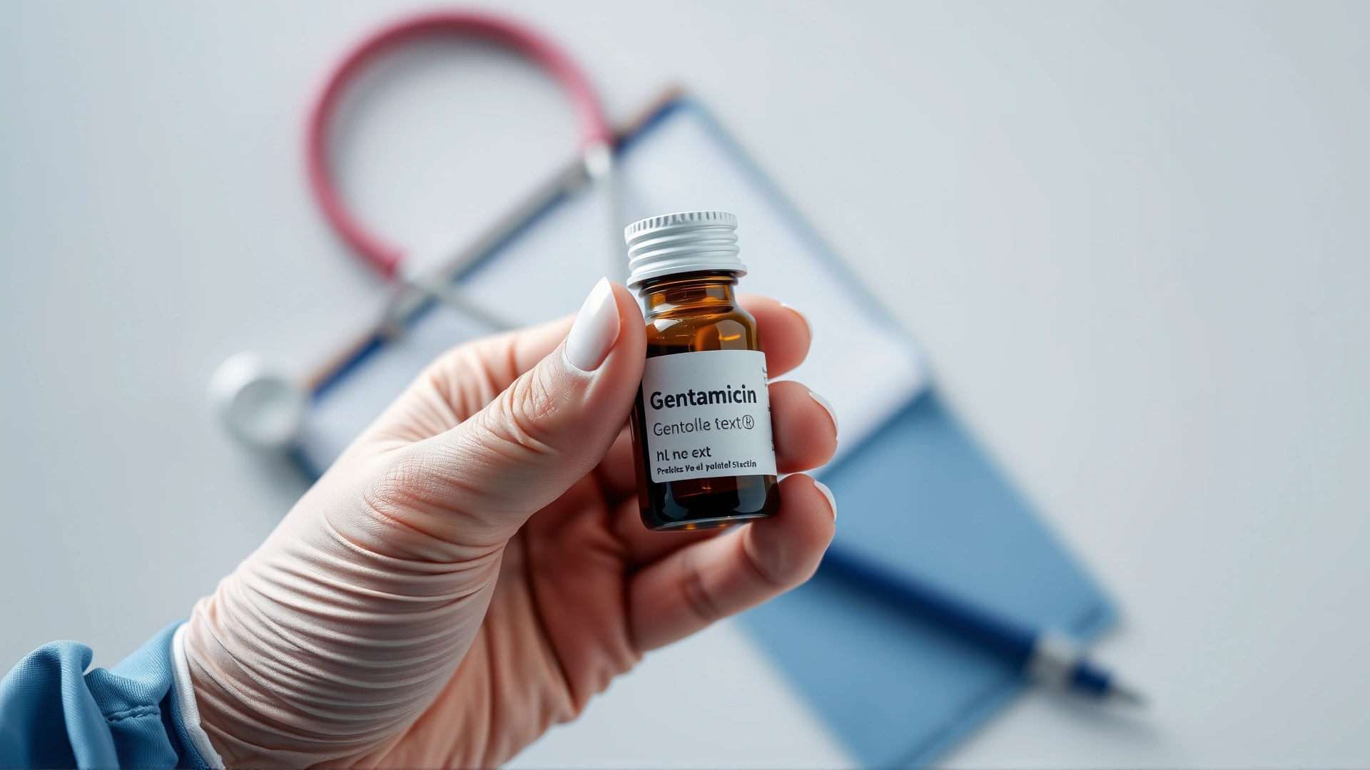 Close-up of a hand holding a small amber veterinary medicine bottle labeled Gentamicin (no readable text), with blurred stethoscope and clipboard in background.