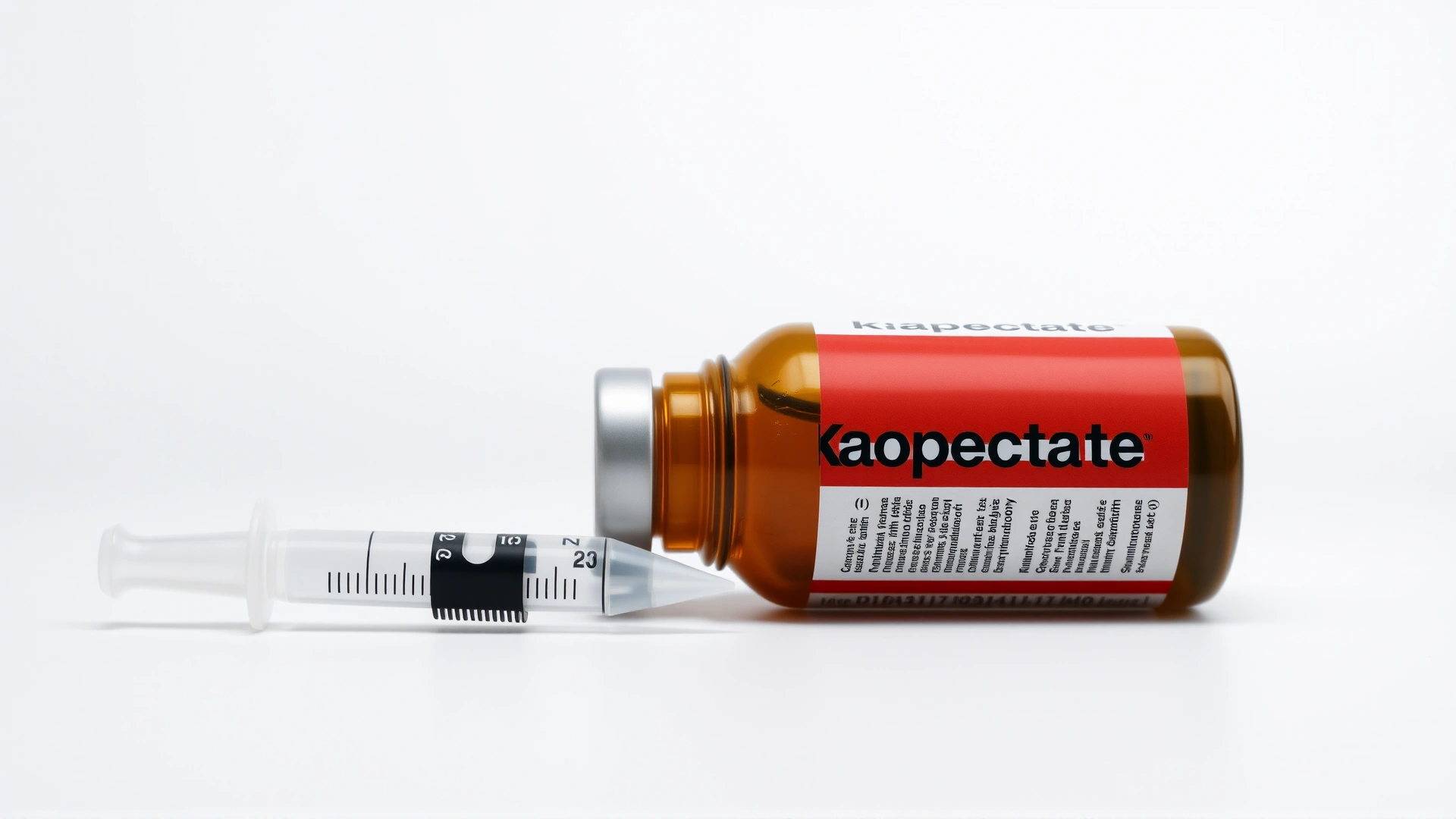 Studio shot of a Kaopectate bottle and measuring syringe on a clean white background, crisp focus, high-resolution