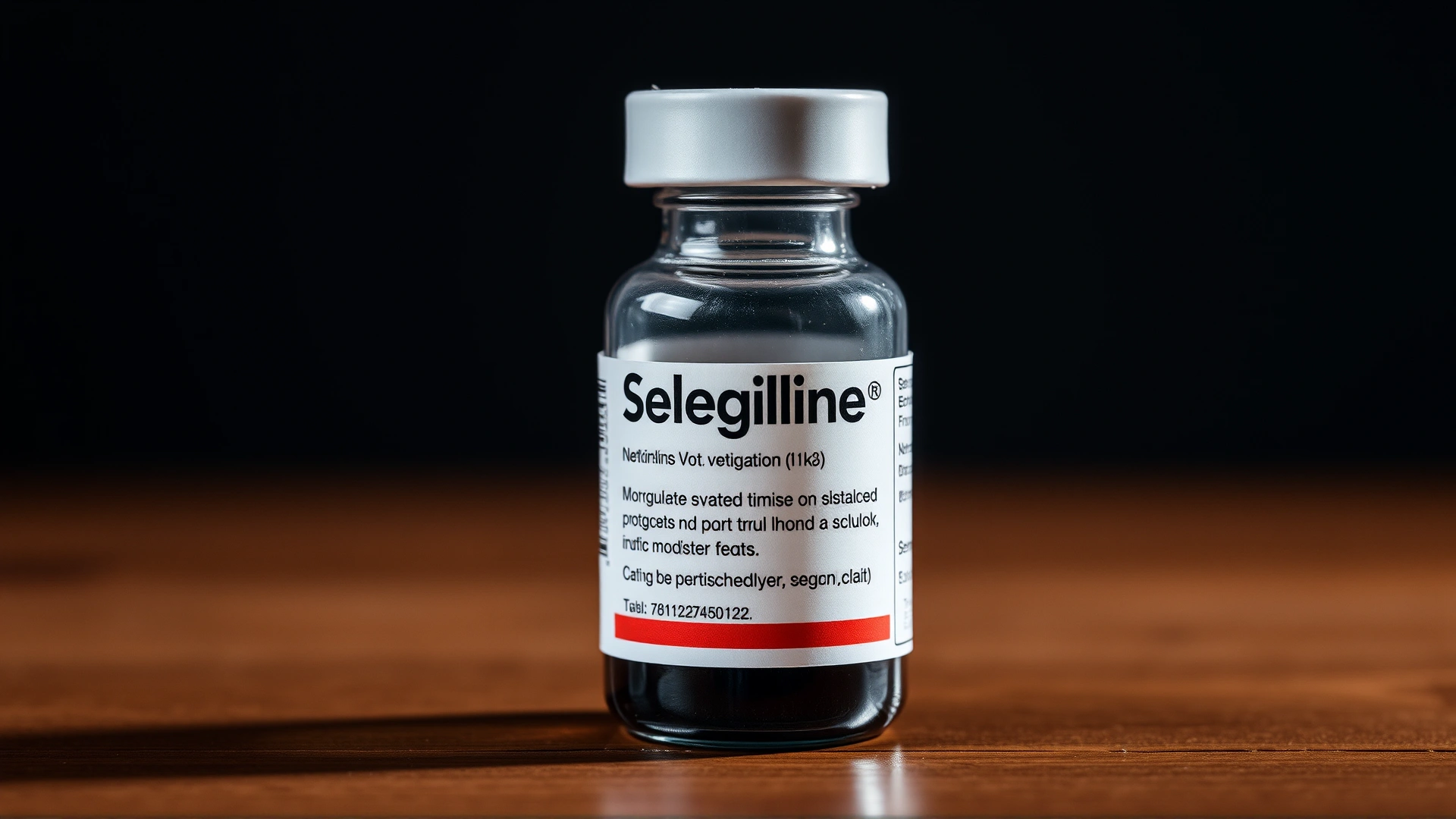 Selegiline medication bottle with clear veterinary label on a wooden surface, dramatic side lighting.
