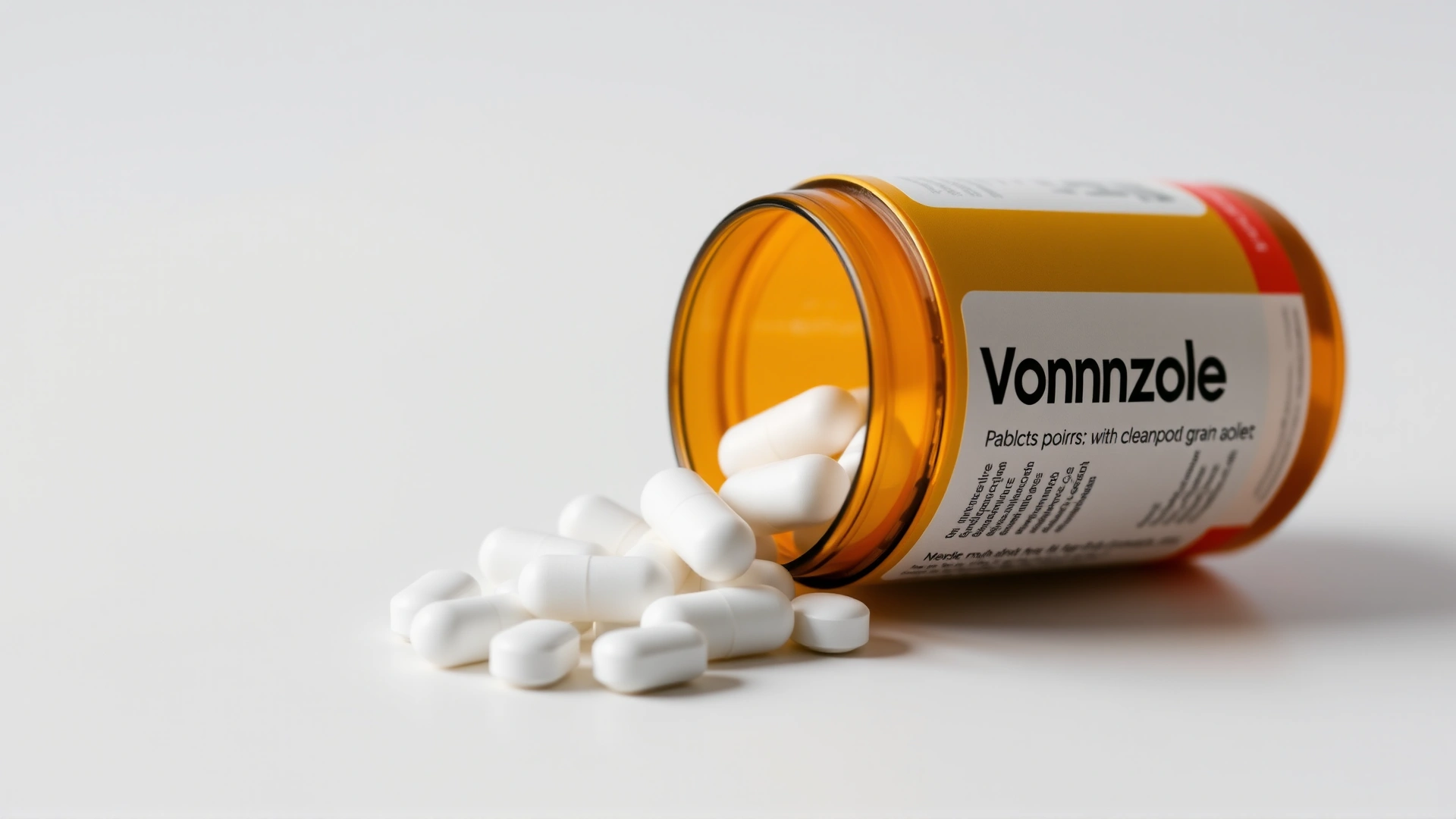 Macro shot of an open pill bottle labeled