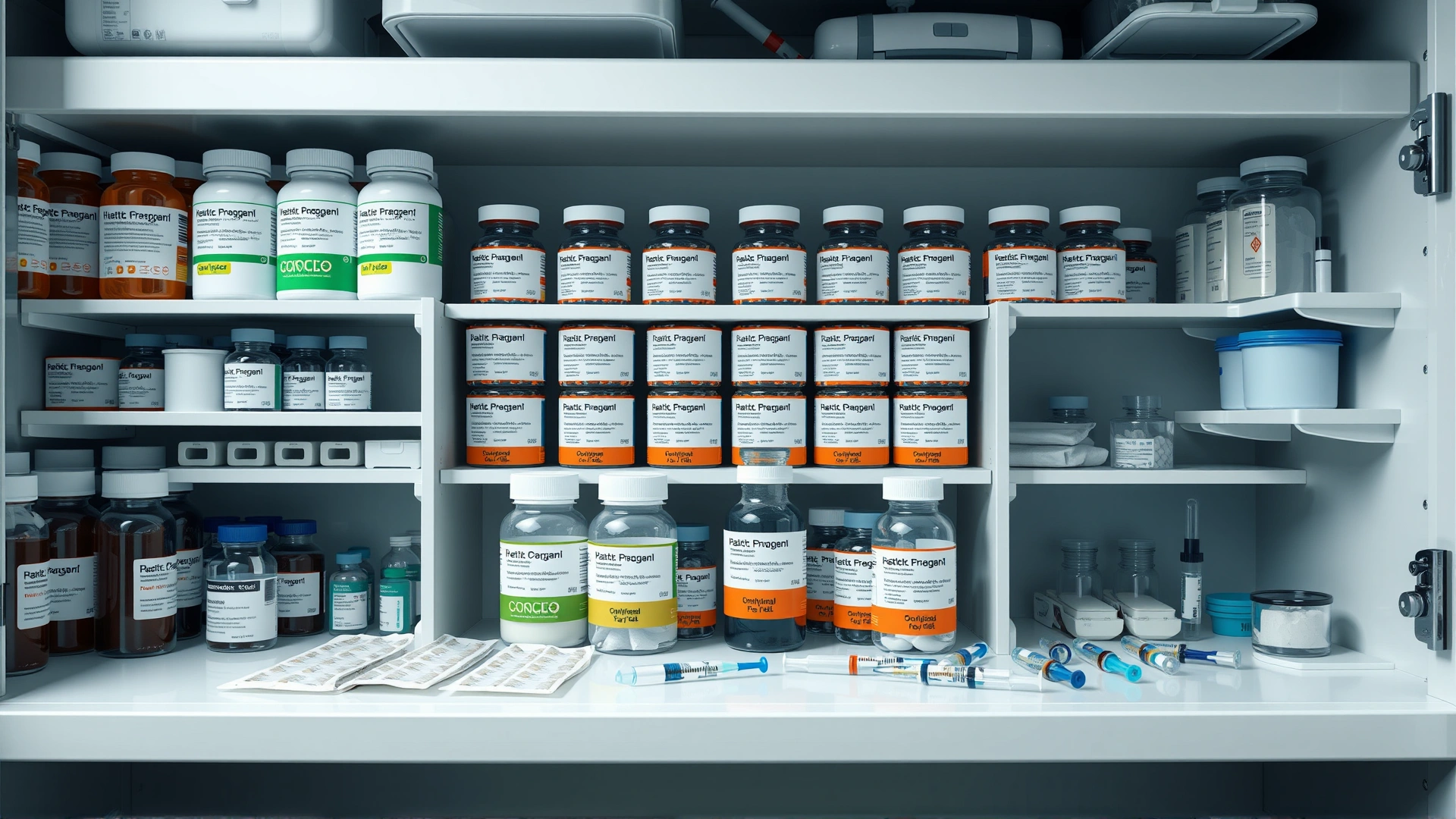 Neatly organized veterinary medicine cabinet with labeled bottles, blister packs, and syringes, neutral background, high-resolution image