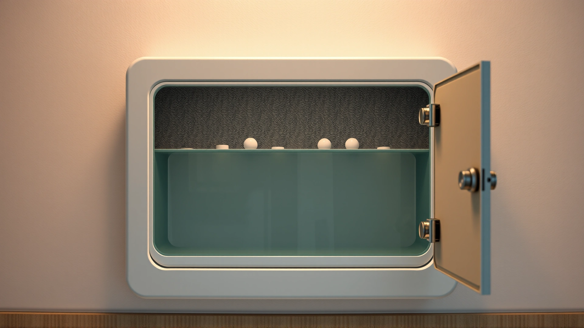 Closed wall-mounted medicine cabinet with child-proof lock, bathroom setting, pills visible behind frosted glass