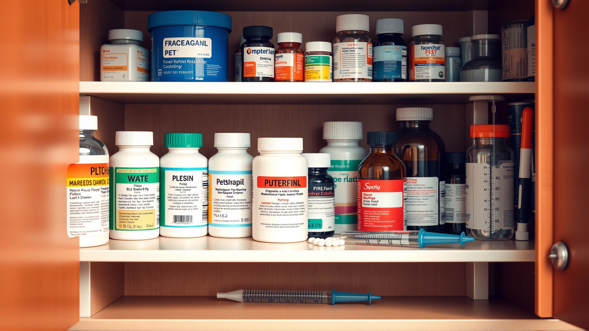 Organized medicine cabinet containing various pet medications, pill bottles, and measuring syringes, warm neutral background, no text