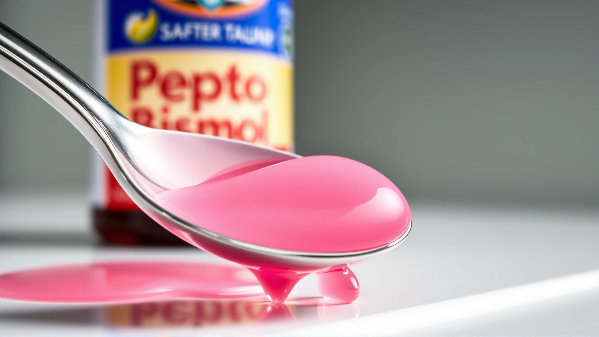 Close-up shot of a spoonful of pink Pepto Bismol liquid with the bottle blurred in the background, on a white surface