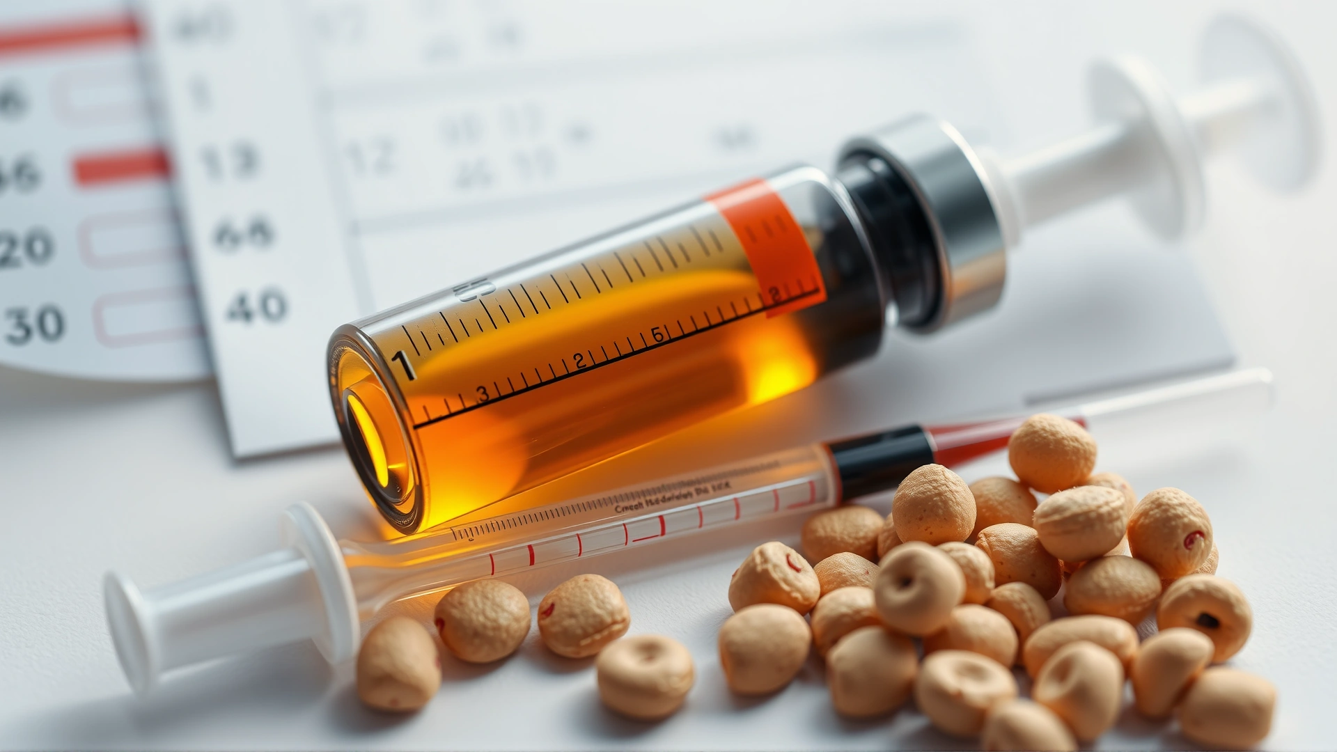 Close-up of a syringe with prescribed liquid medicine next to a small dosing chart and chinchilla pellets