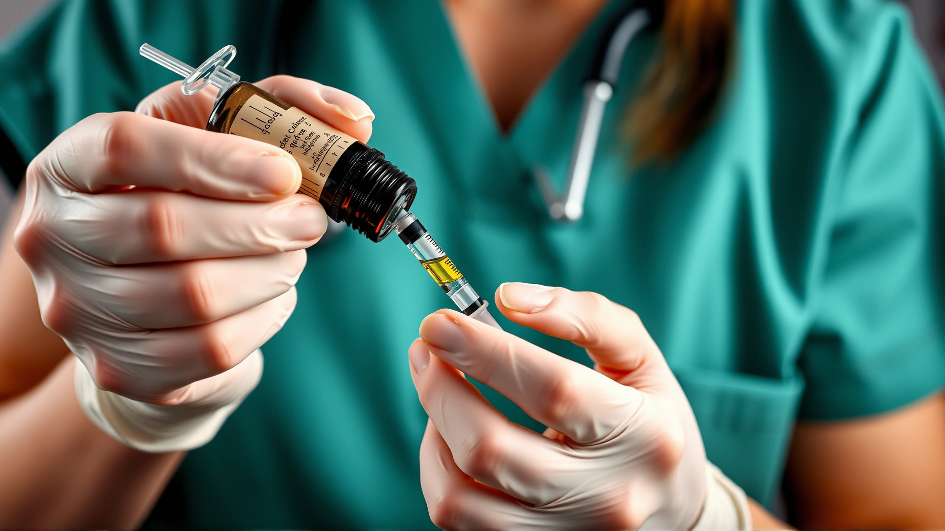 Veterinary nurse drawing liquid medication into an oral syringe from a brown bottle, hands and tools in focus.