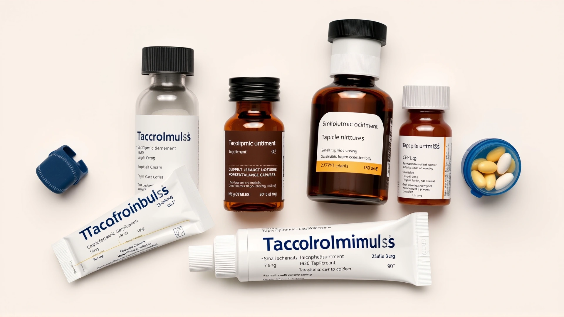Flat lay of tacrolimus medication forms: small ophthalmic ointment tubes, topical cream, and capsule bottles on a neutral, clean background.