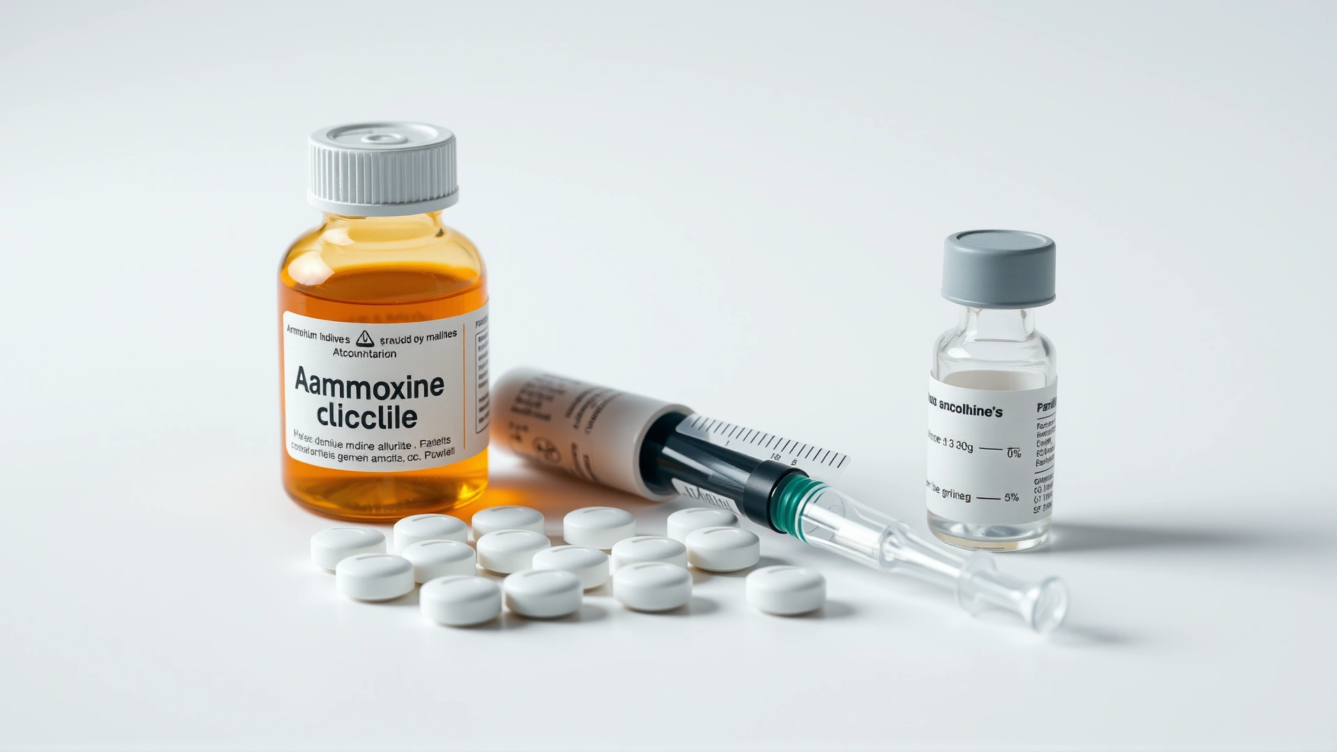 Studio shot of various pharmaceutical forms of ammonium chloride: tablets, an oral liquid bottle with syringe, and a small injection vial arranged neatly on a white surface.