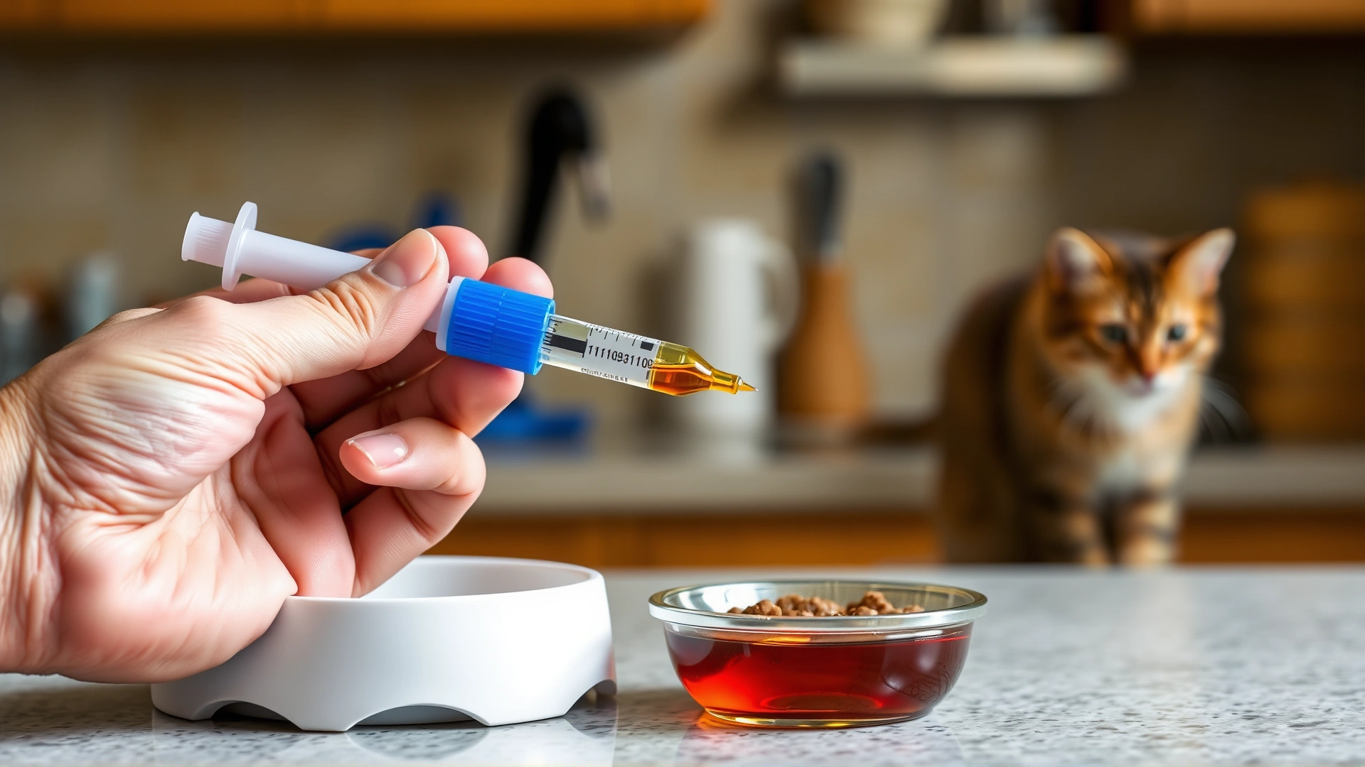 Human hand drawing amber-colored lactulose syrup into an oral dosing syringe next to a cat’s food bowl on a kitchen counter.