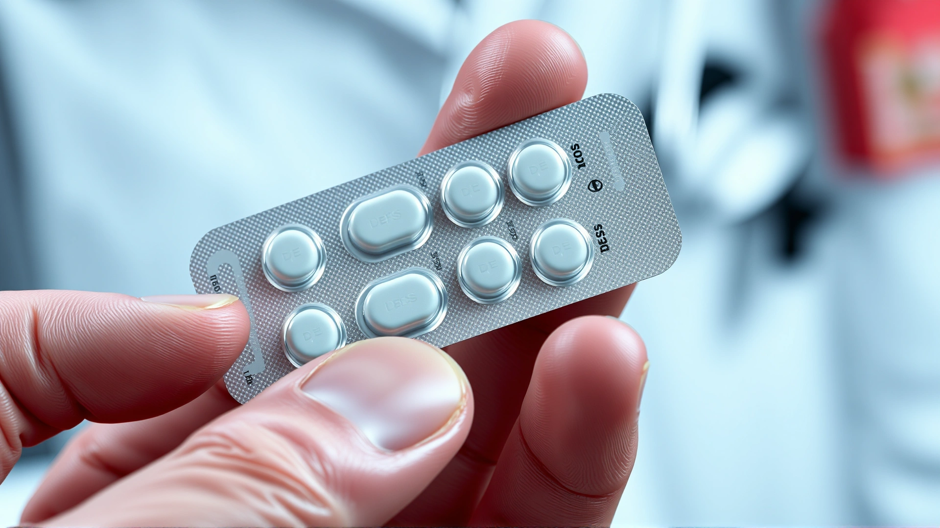 Close-up of a veterinarian’s hand holding a blister pack of small white tablets labeled DES (text should be illegible); clinical background out of focus