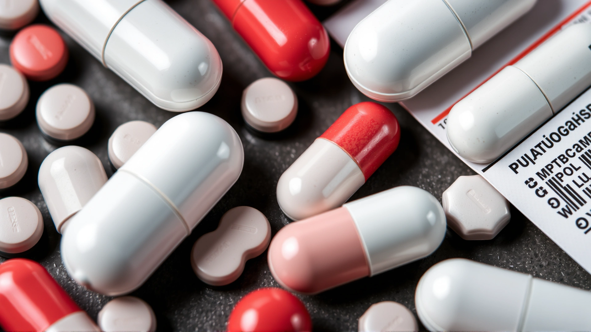 Macro shot of scattered hormone replacement pills next to a warning label, high resolution, no text in frame