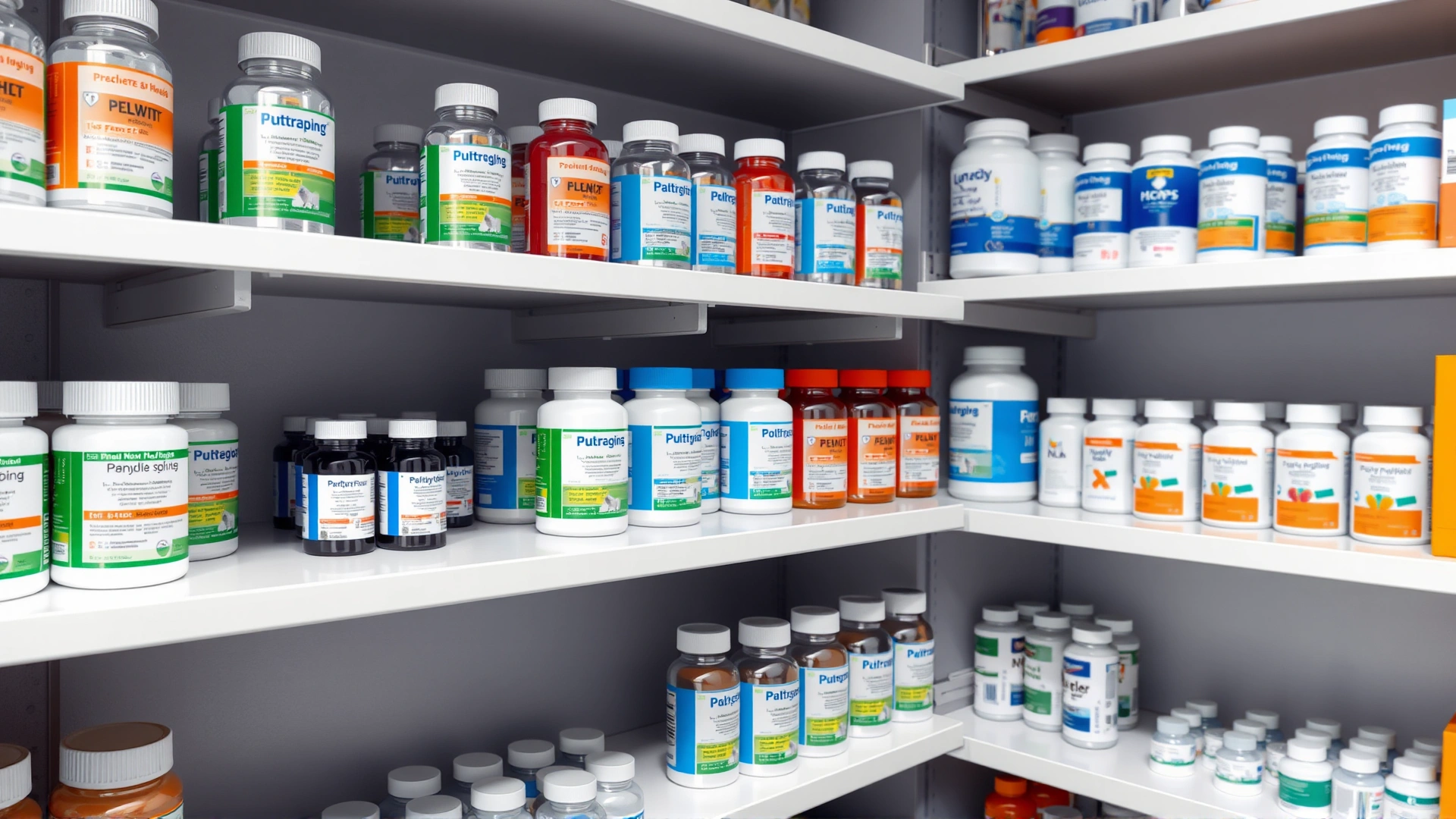Pharmacy shelf with neatly organized pet medication bottles, focus on storage conditions