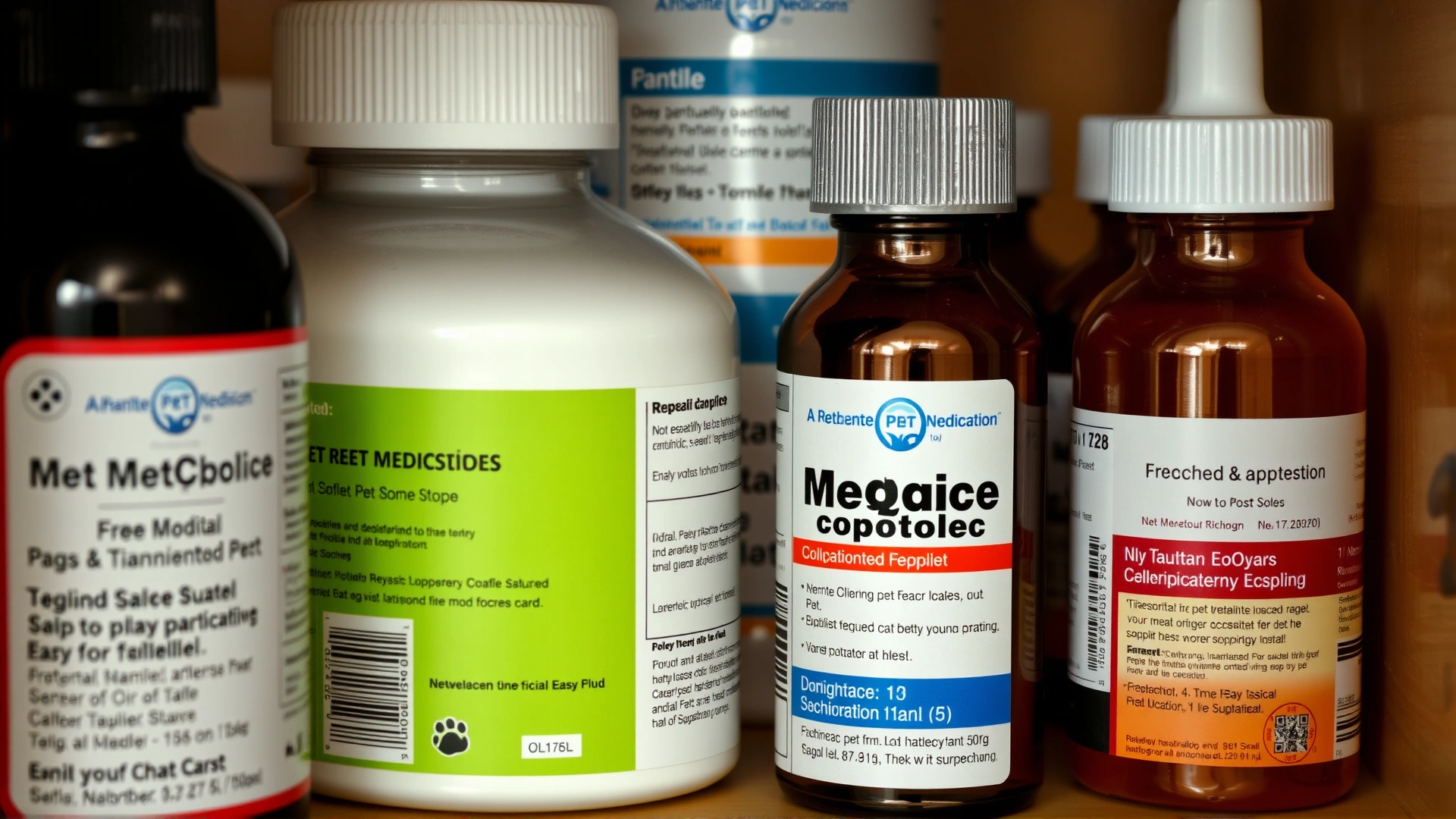 Close-up of a labeled medicine bottle placed inside a cabinet with other pet medications, emphasis on proper storage, neutral lighting.