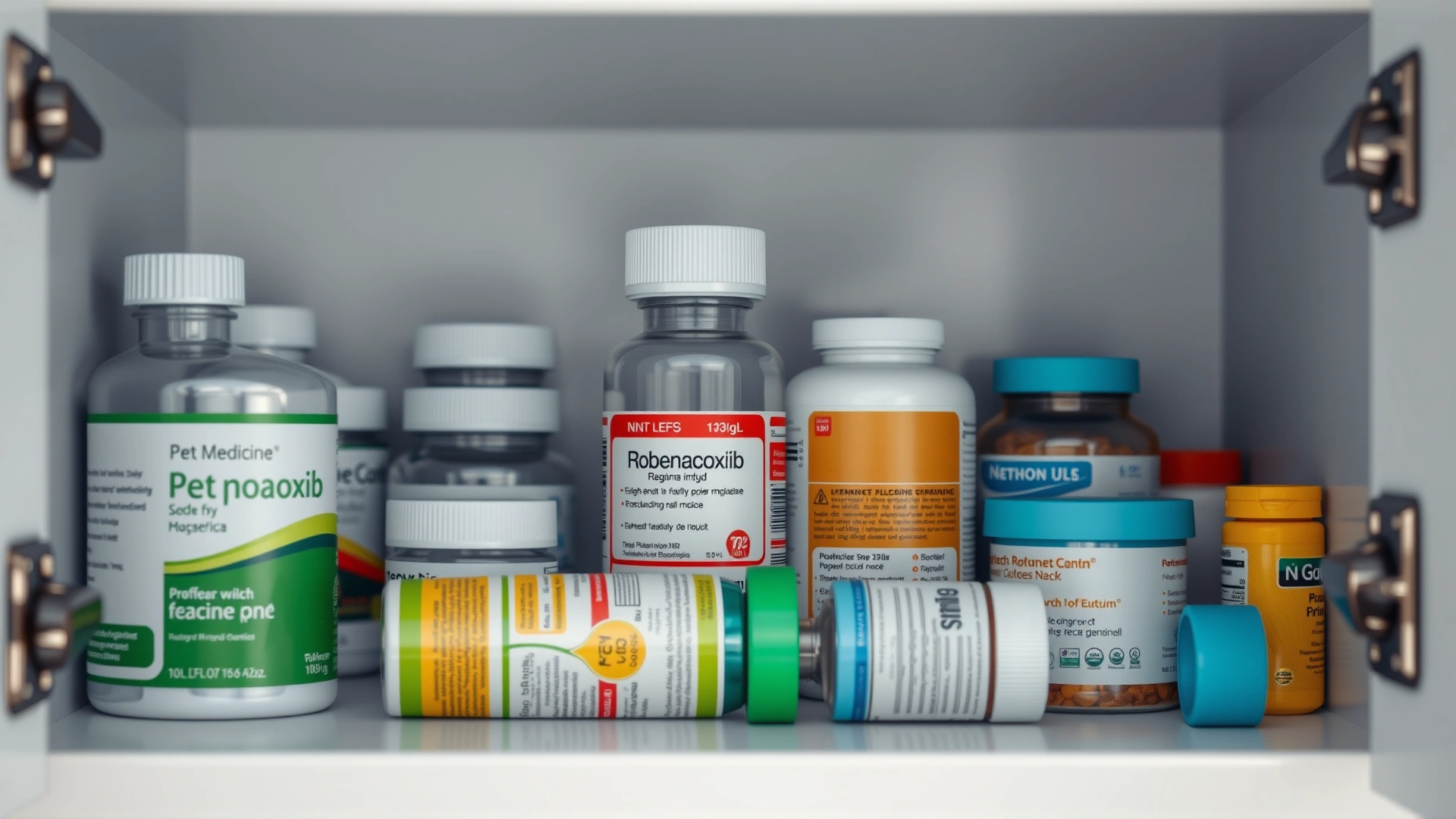 Small household cabinet with various pet medicines, including a clearly labeled bottle of Robenacoxib, stored safely out of children's reach
