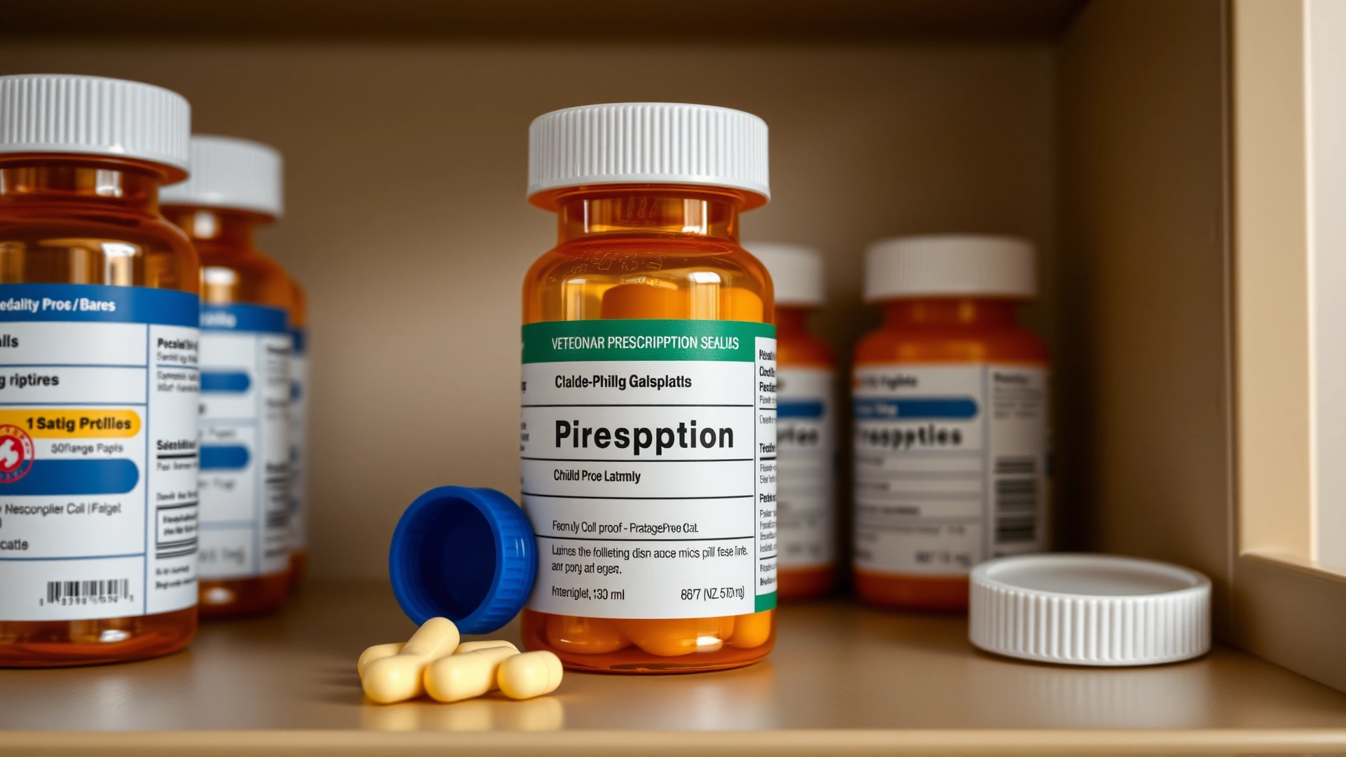 Close-up of a labeled veterinary prescription pill bottle with a child-proof cap on a shelf, neutral background emphasizing safe storage.