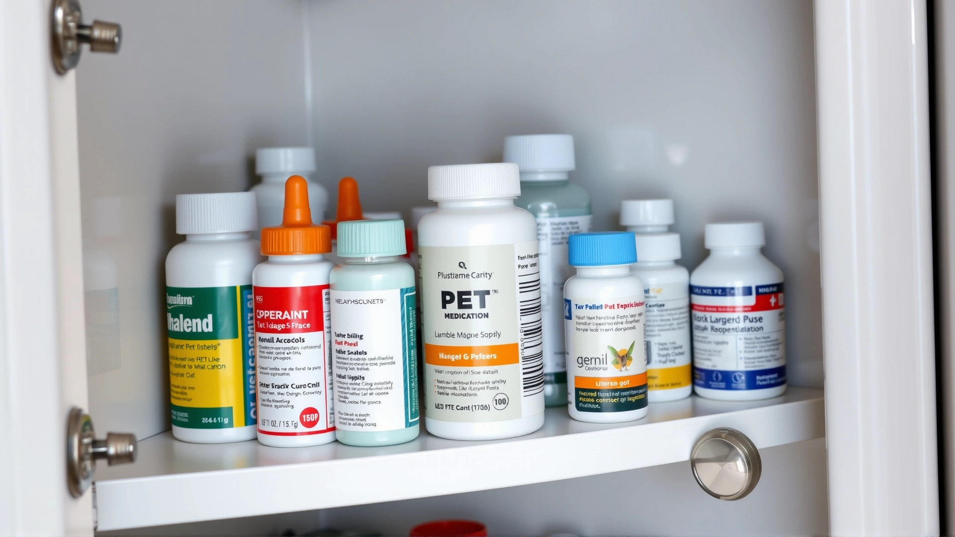 Pet medication bottles neatly arranged on a shelf inside a closed cabinet with child-proof lock