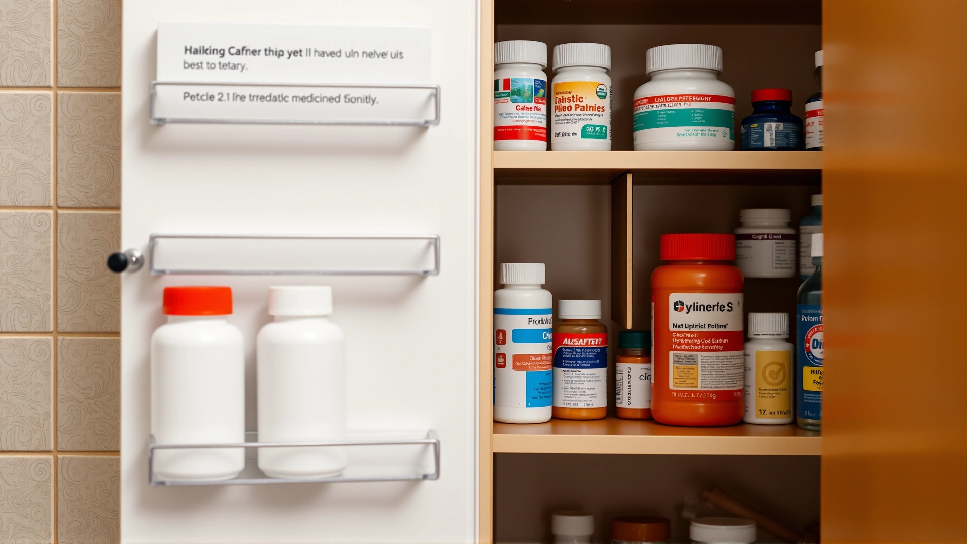 Household medicine cabinet with childproof bottles neatly organized, door slightly open