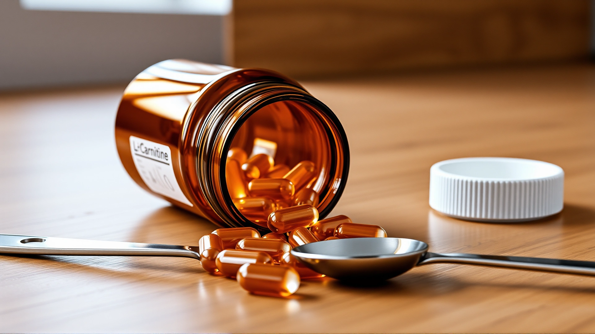 Open amber bottle of L-carnitine supplement capsules spilling onto a wooden counter, measuring spoon beside, clean product photography lighting