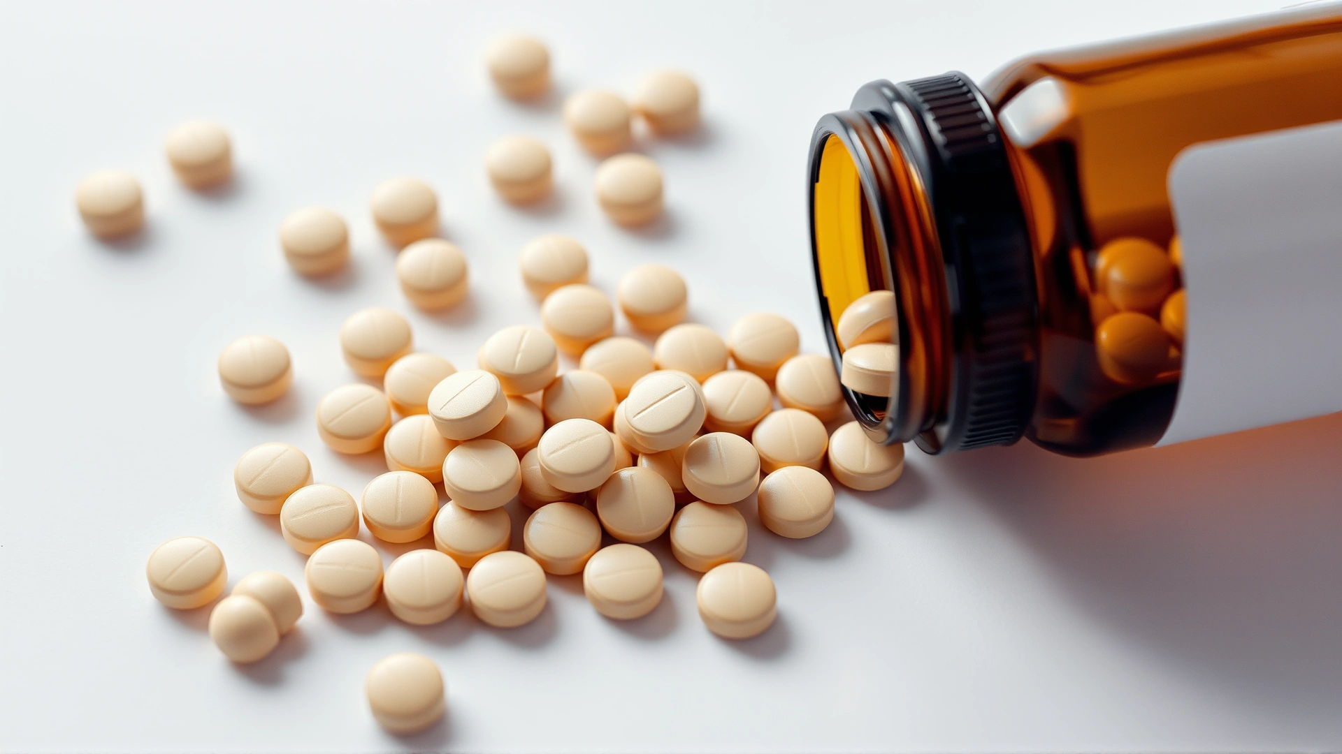 Macro shot of small round beige tablets spilled from an unlabelled amber pill bottle on a white surface