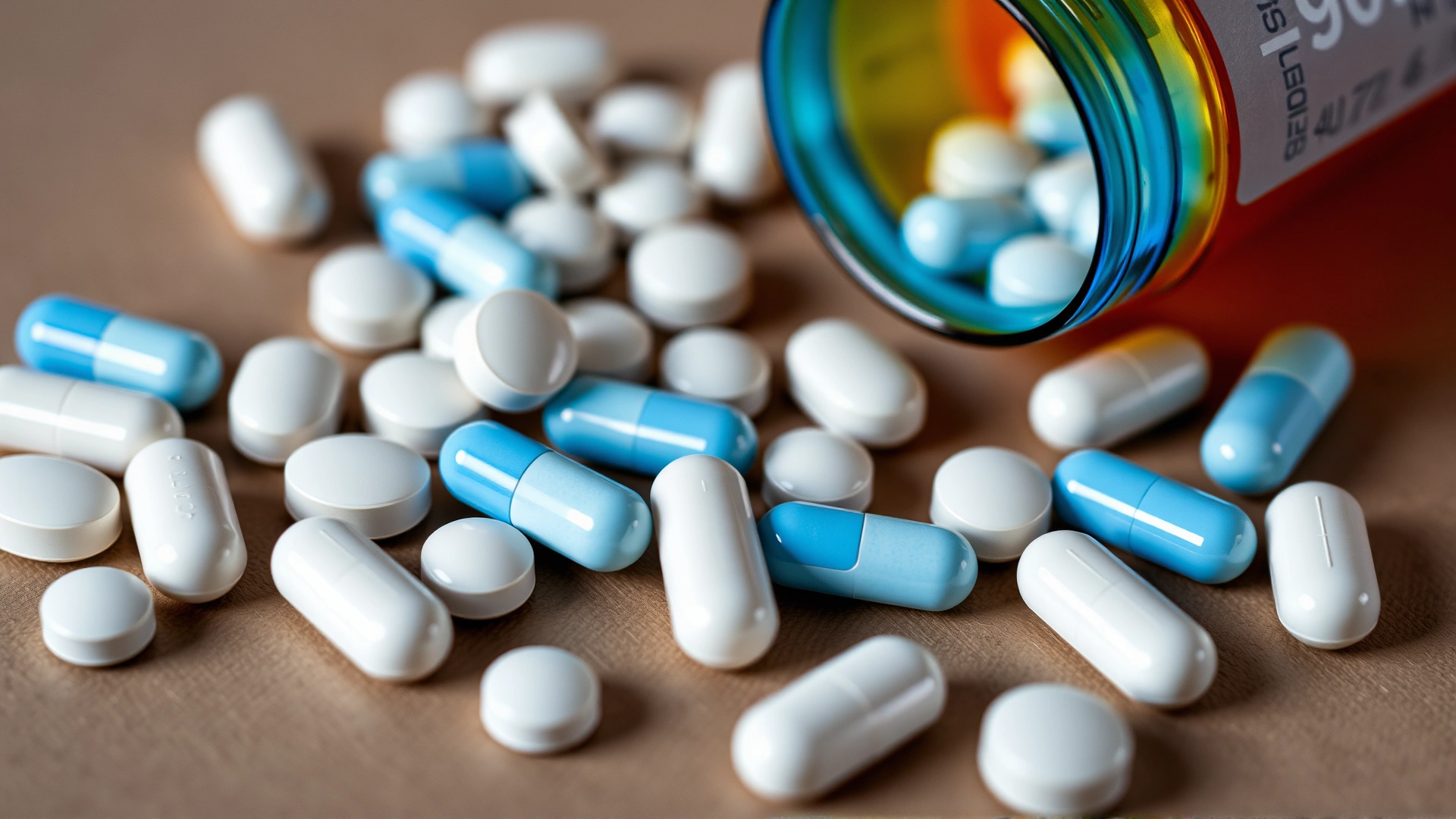 Macro shot of assorted white and blue medication tablets on a neutral background with a prescription bottle to illustrate dosage
