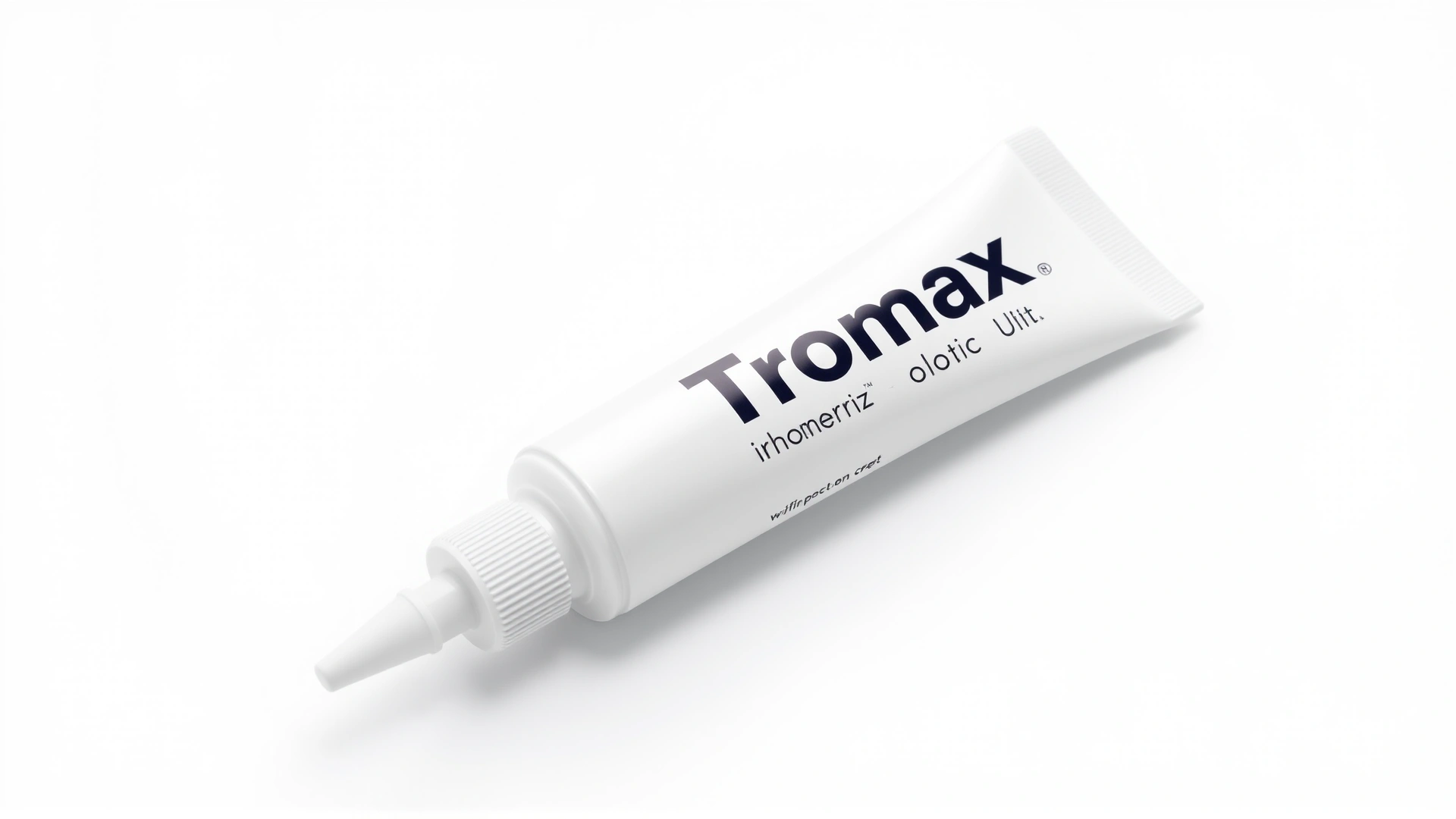 Studio shot of an Otomax (Tri-Otic) ointment tube and applicator tip on a white background, well-lit, minimal shadows