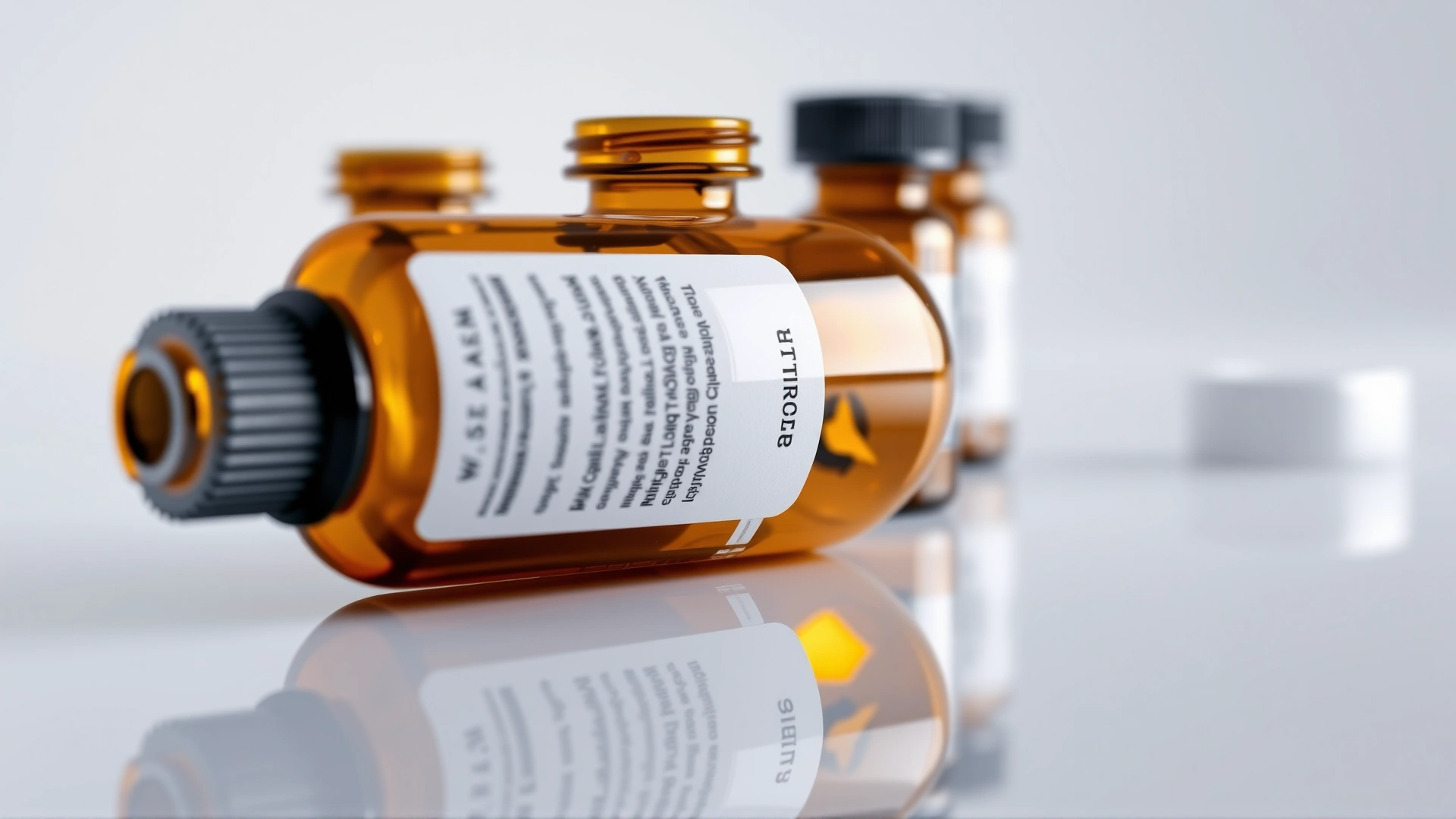 Studio shot of a small amber veterinary medicine vial containing clear liquid, with no label or text, placed on a reflective white surface