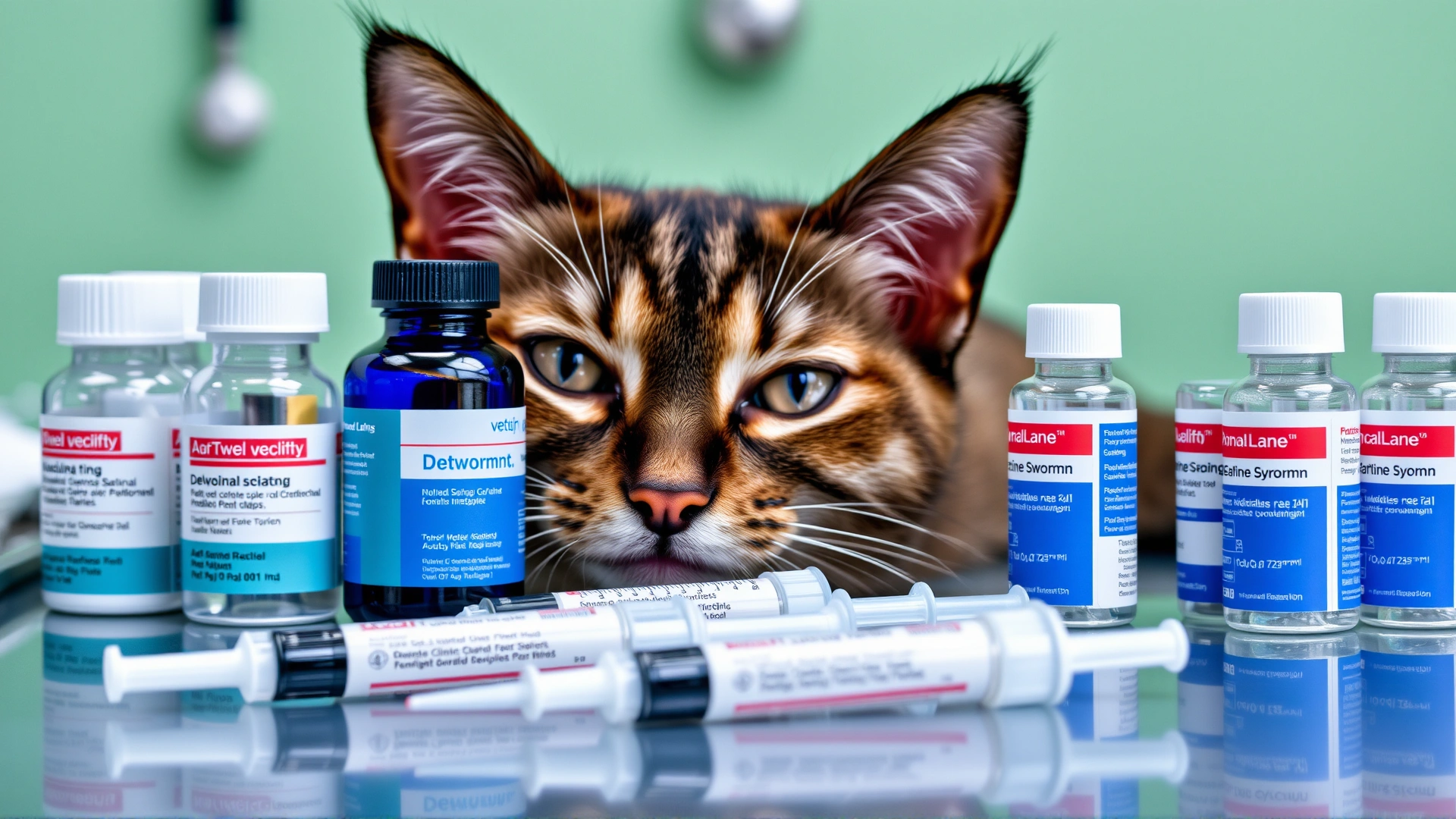 Assorted safe feline deworming medications (oral syringes and topical tubes) neatly arranged on a veterinary table.