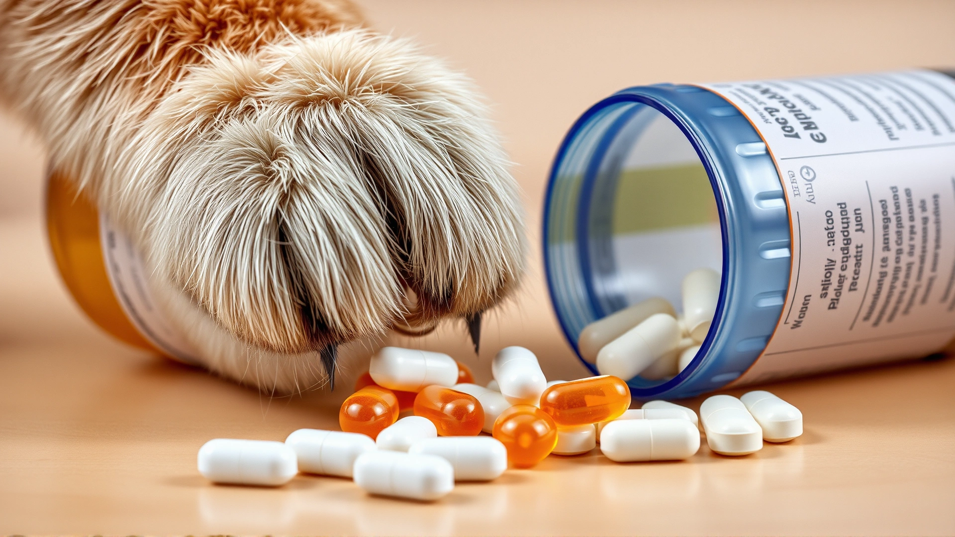 Open pill bottle with tablets spilled beside a paw reaching curiously toward them.