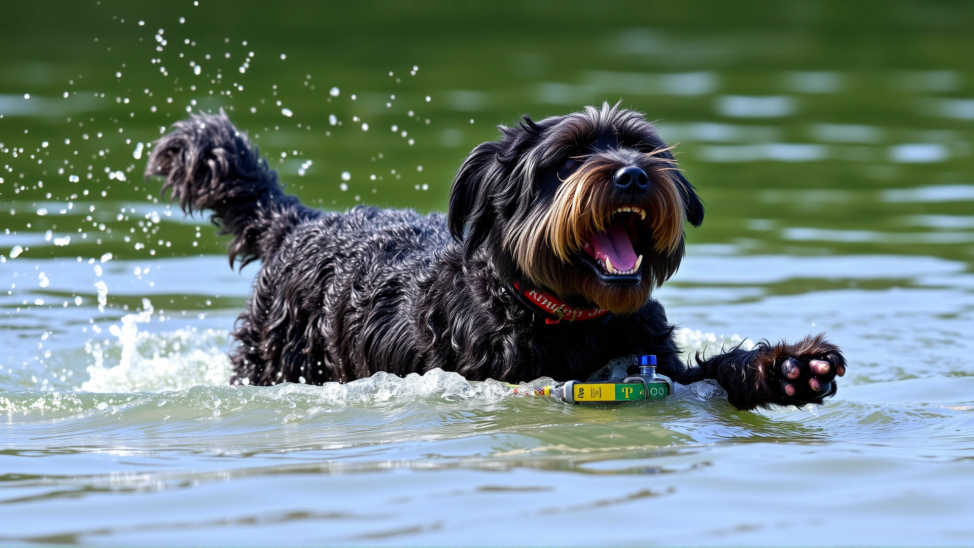 Portuguese Water Dog joyfully splashing in water next to its owner, demonstrating an active medium-sized hypoallergenic breed.