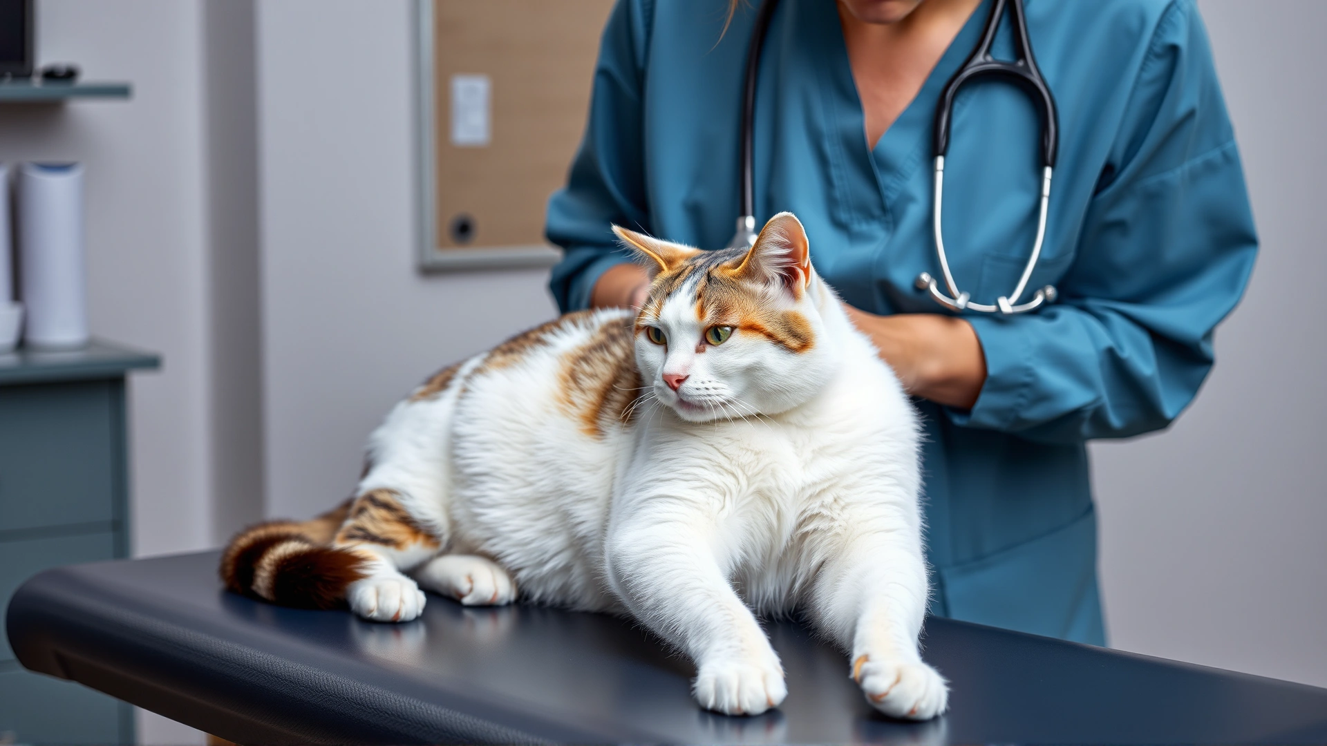 Veterinarian palpating the abdomen of an adult cat on an exam table, demonstrating evaluation for megacolon, clinic background, no text