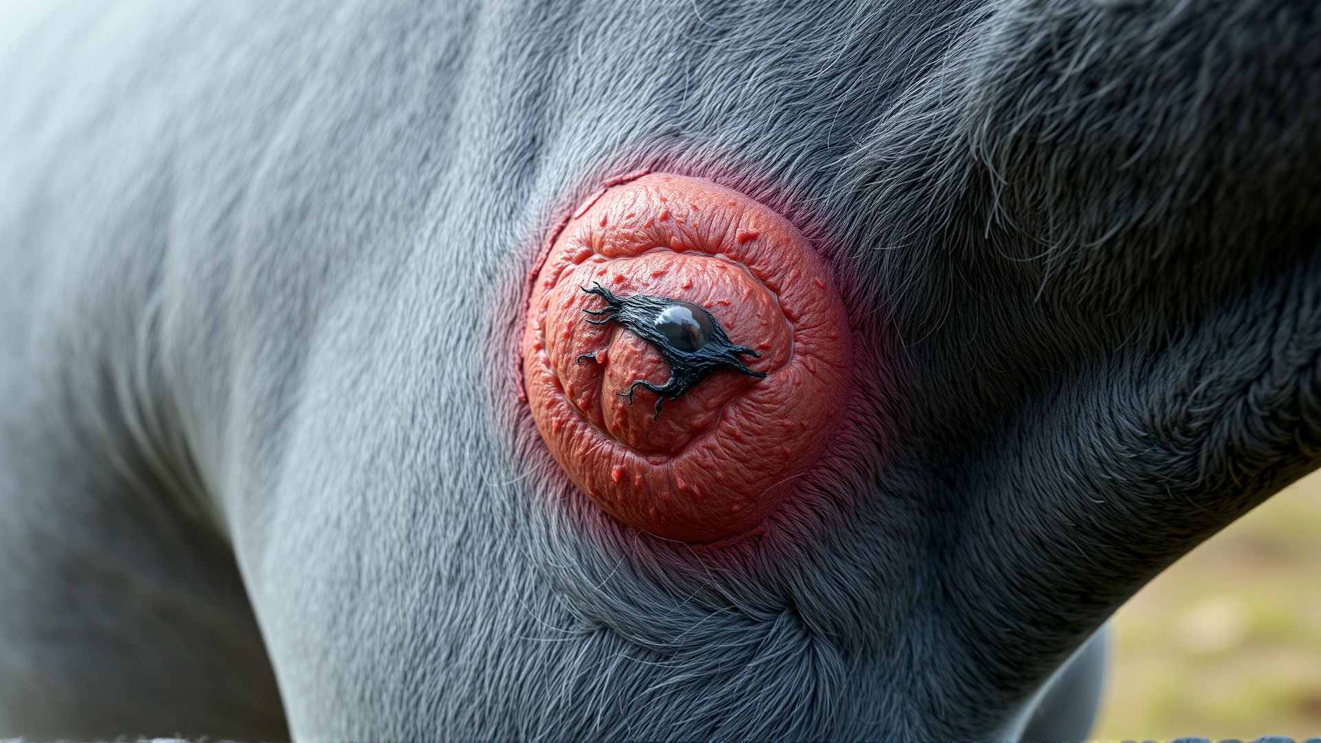 Close-up of a dark melanoma lump under the tail of a gray horse.