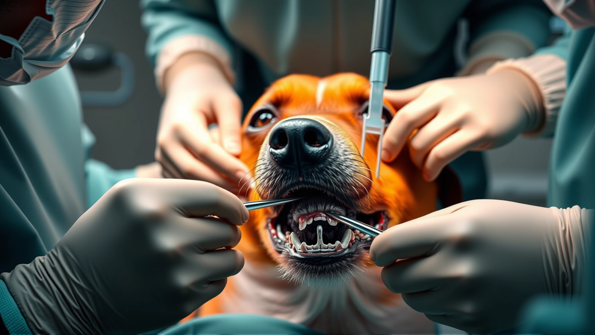Surgical scene showing a dog under anesthesia with a surgical team removing a mass from the oral cavity, sterile operating room setting.