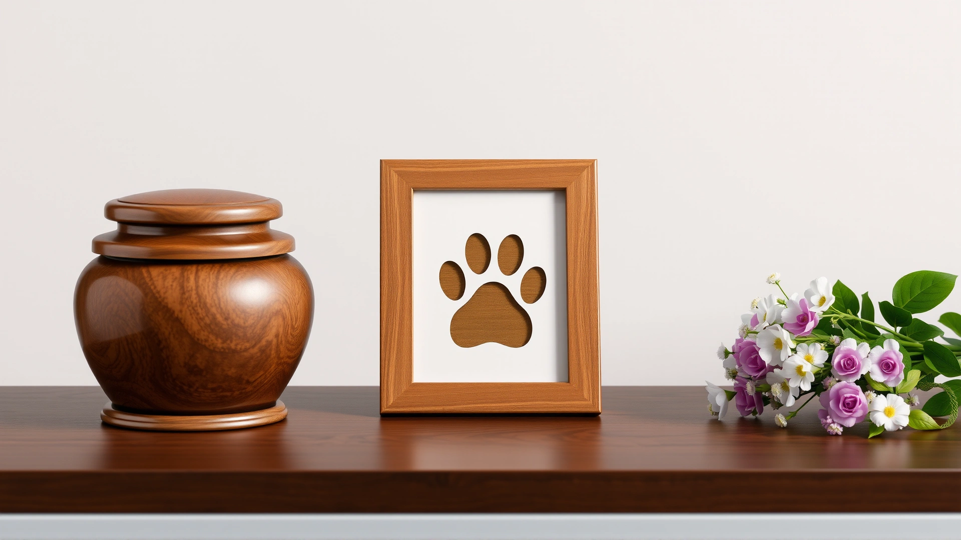 An arrangement of pet memorial items: a wooden urn, a framed paw print, and a small bouquet of flowers on a table.