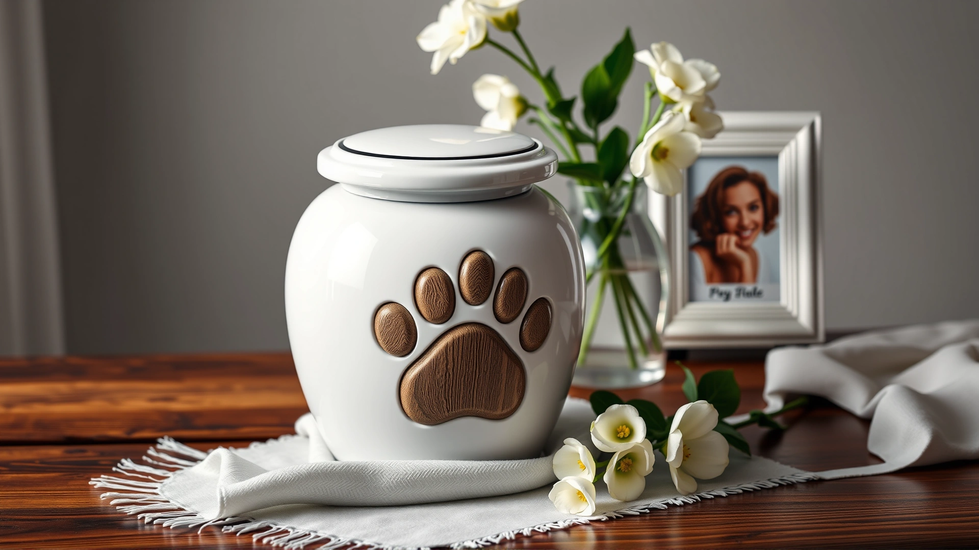 A serene still life of a paw-print urn, a framed photo, and a small bouquet of white flowers on a wooden table, symbolizing pet memorial choices.