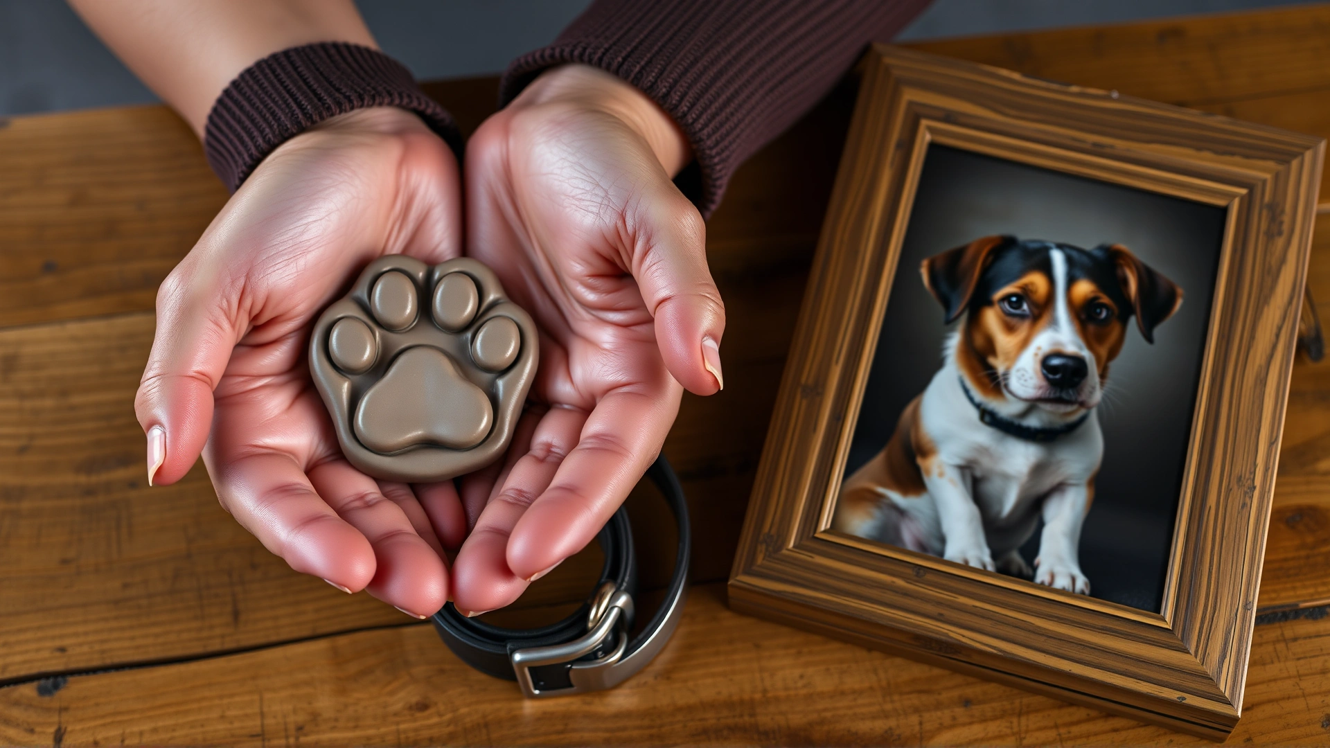 A close-up of human hands holding a clay paw print and a collar beside a framed photo of a dog on a wooden table, representing remembrance.