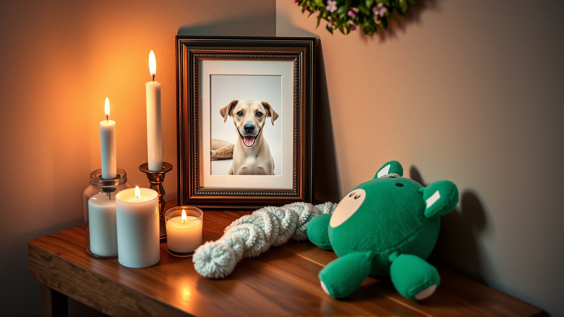 A small memorial corner at home with candles, a framed pet photo, and the pet's favorite toy arranged neatly