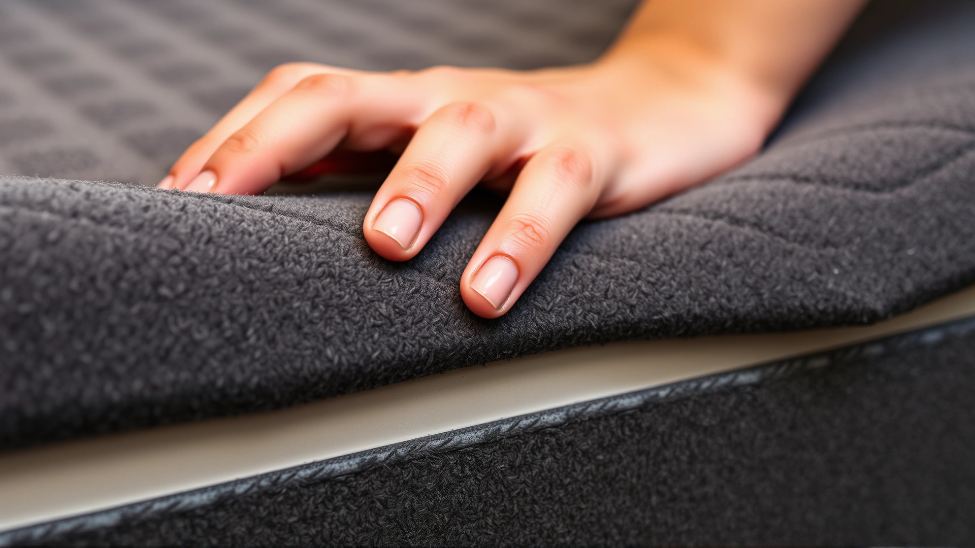 Close-up shot of a hand pressing into dense gray memory foam to show its contouring ability