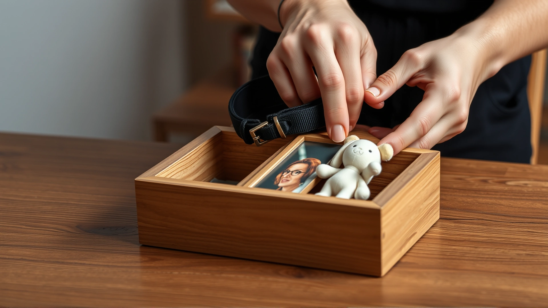 Close-up of human hands placing a collar, a framed photo, and a small toy into a wooden memory box on a table